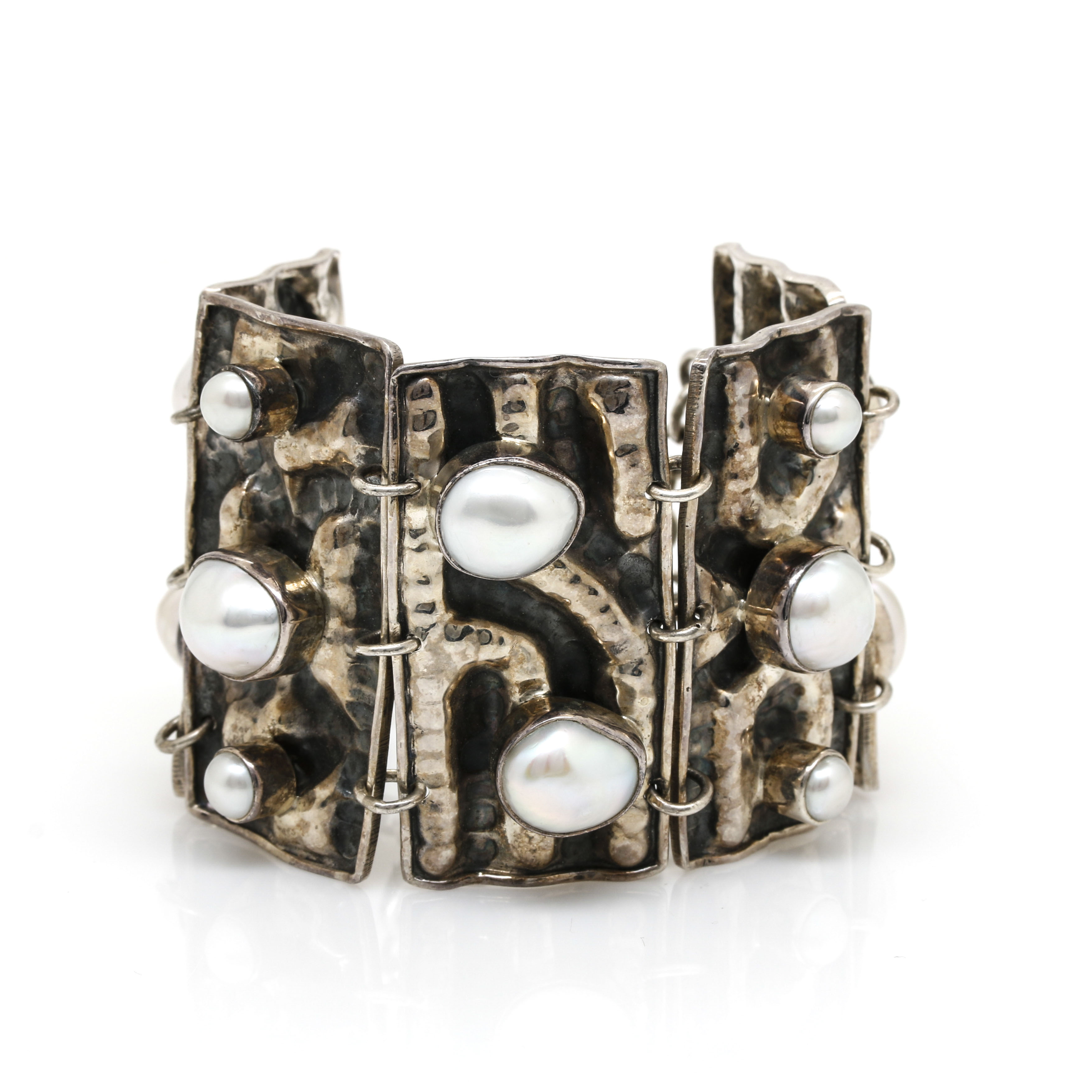 Sterling Silver Freeform Link Bracelet With Cultured Freshwater Pearls
