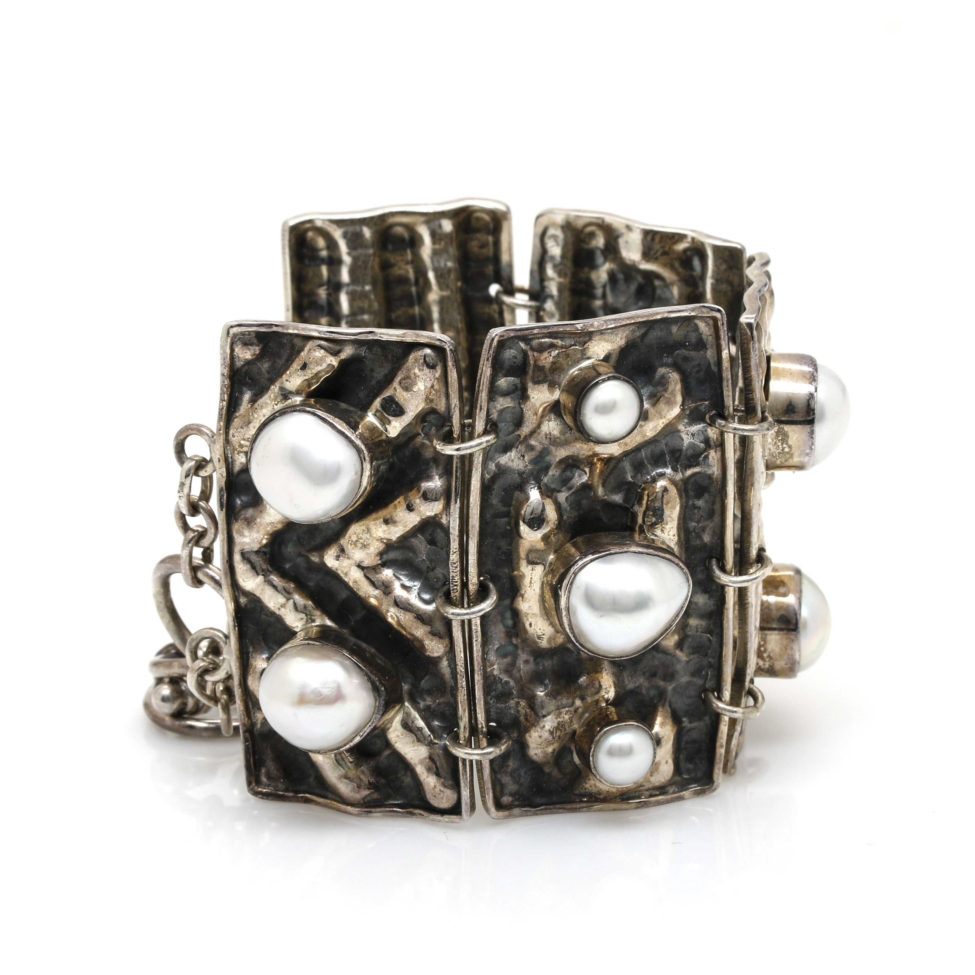 Sterling Silver Freeform Link Bracelet With Cultured Freshwater Pearls