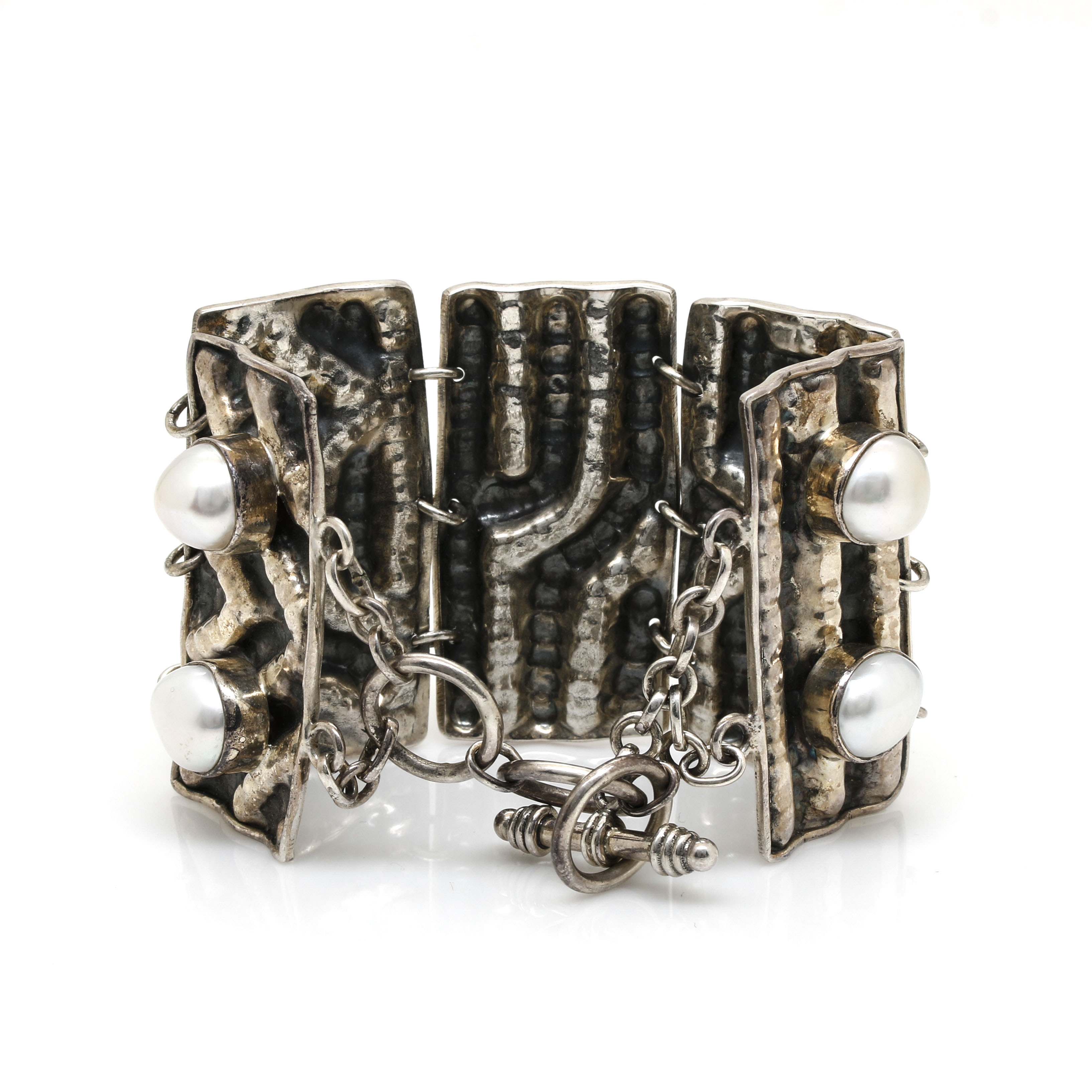 Sterling Silver Freeform Link Bracelet With Cultured Freshwater Pearls