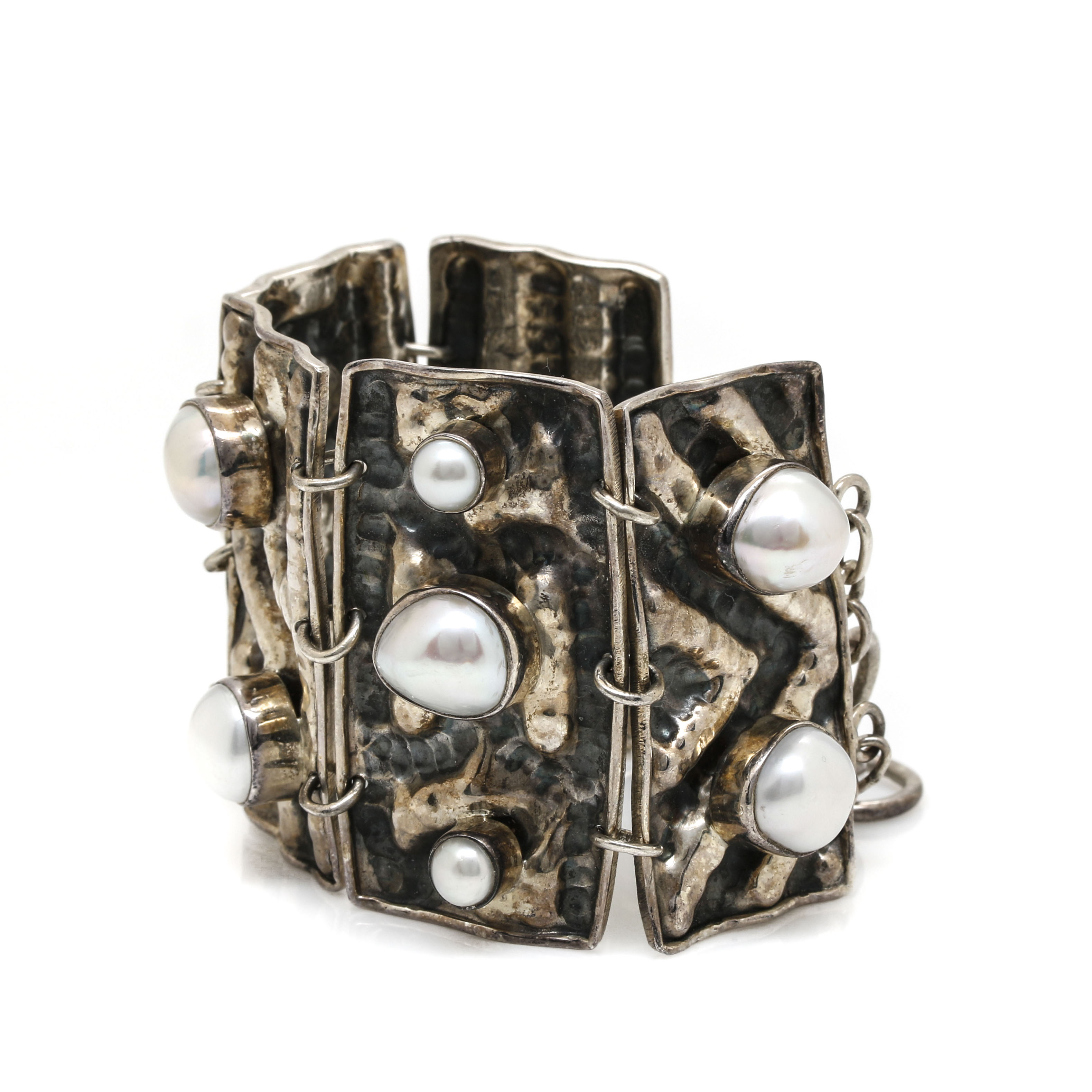 Sterling Silver Freeform Link Bracelet With Cultured Freshwater Pearls