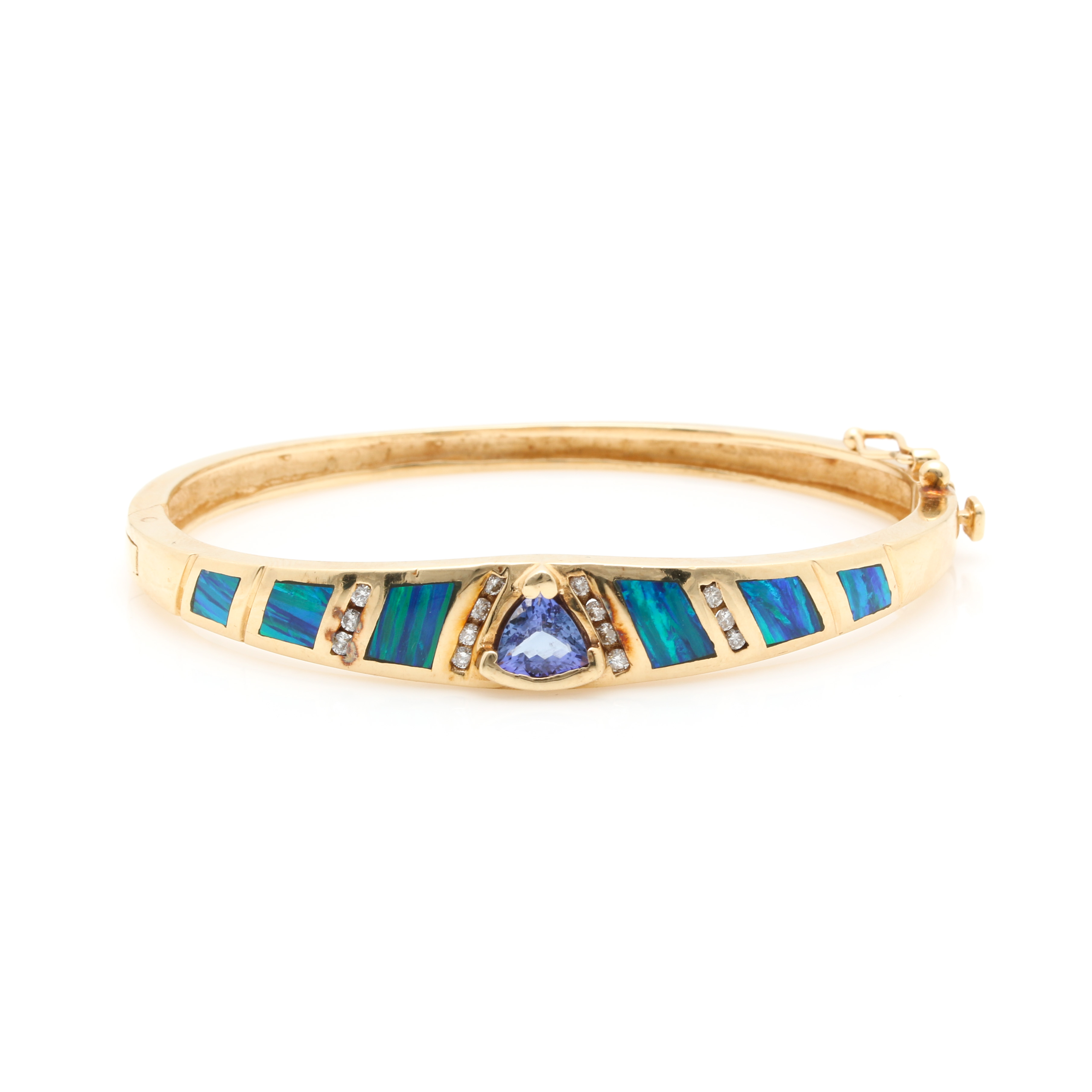 14K Yellow Gold Tanzanite, Opal and Diamond Hinged Bracelet
