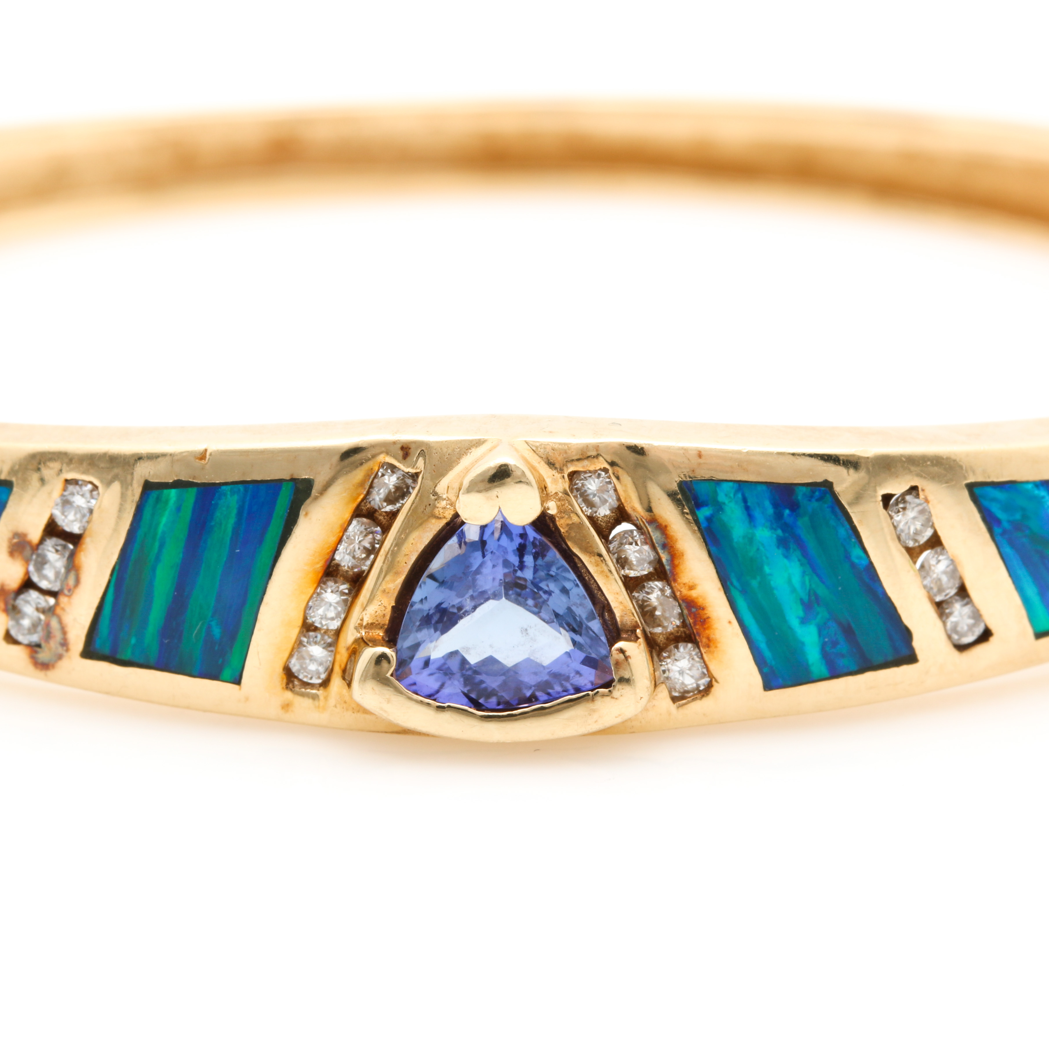 14K Yellow Gold Tanzanite, Opal and Diamond Hinged Bracelet
