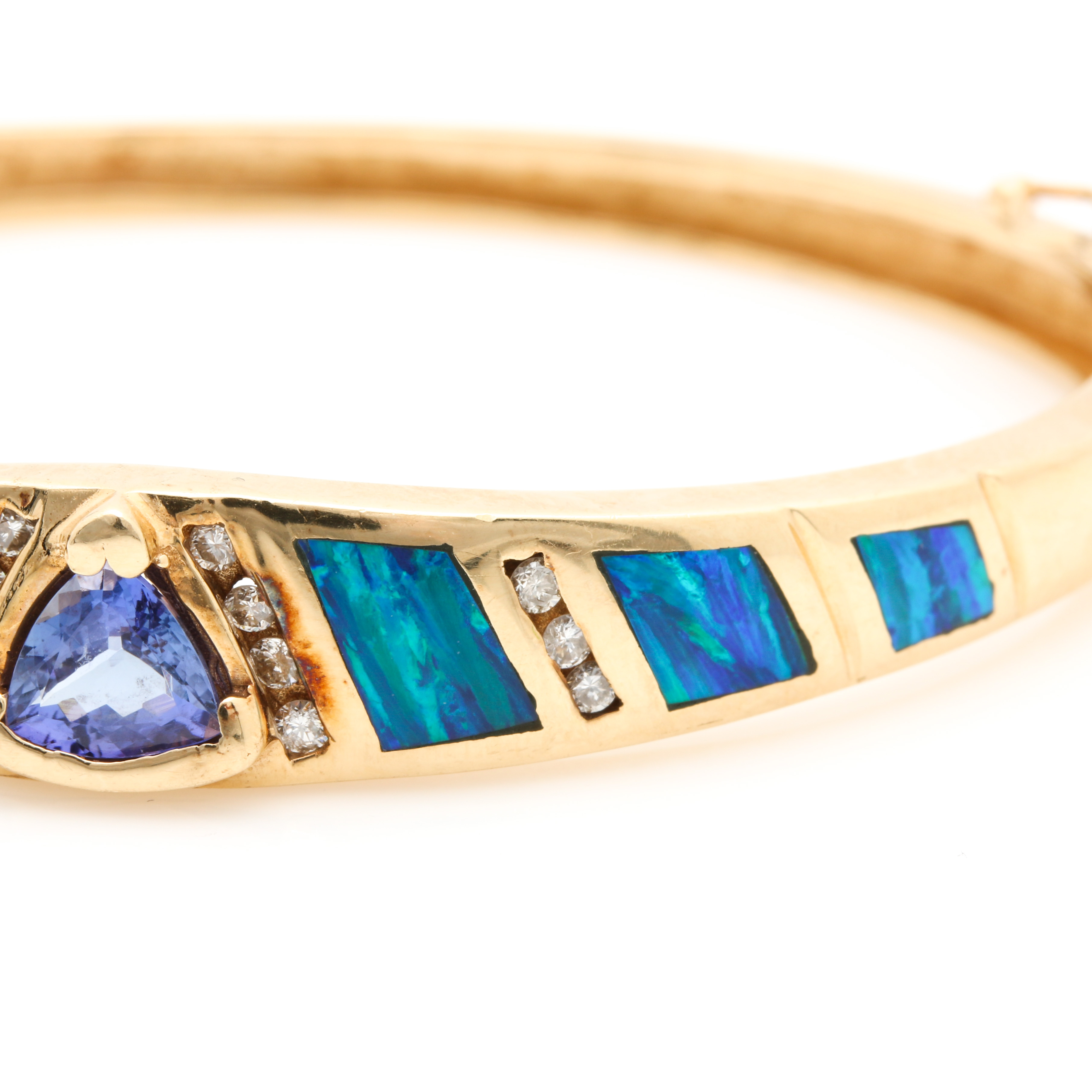 14K Yellow Gold Tanzanite, Opal and Diamond Hinged Bracelet