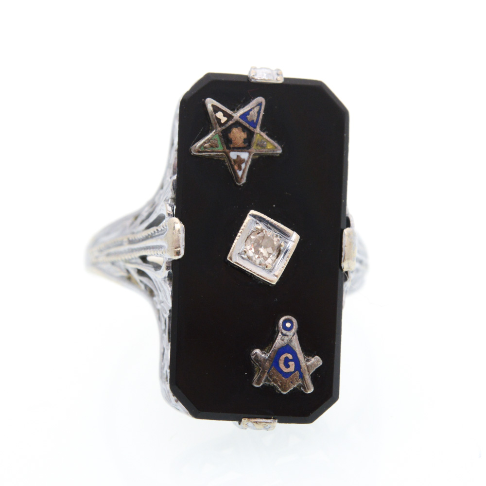 14K White Gold Onyx and Diamond Freemason Ring