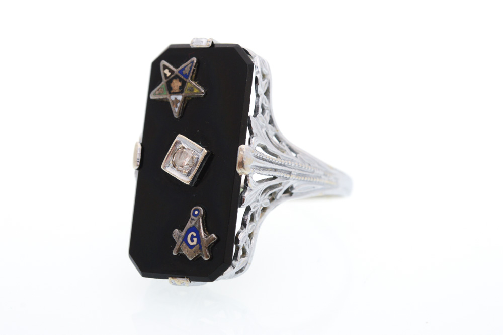 14K White Gold Onyx and Diamond Freemason Ring