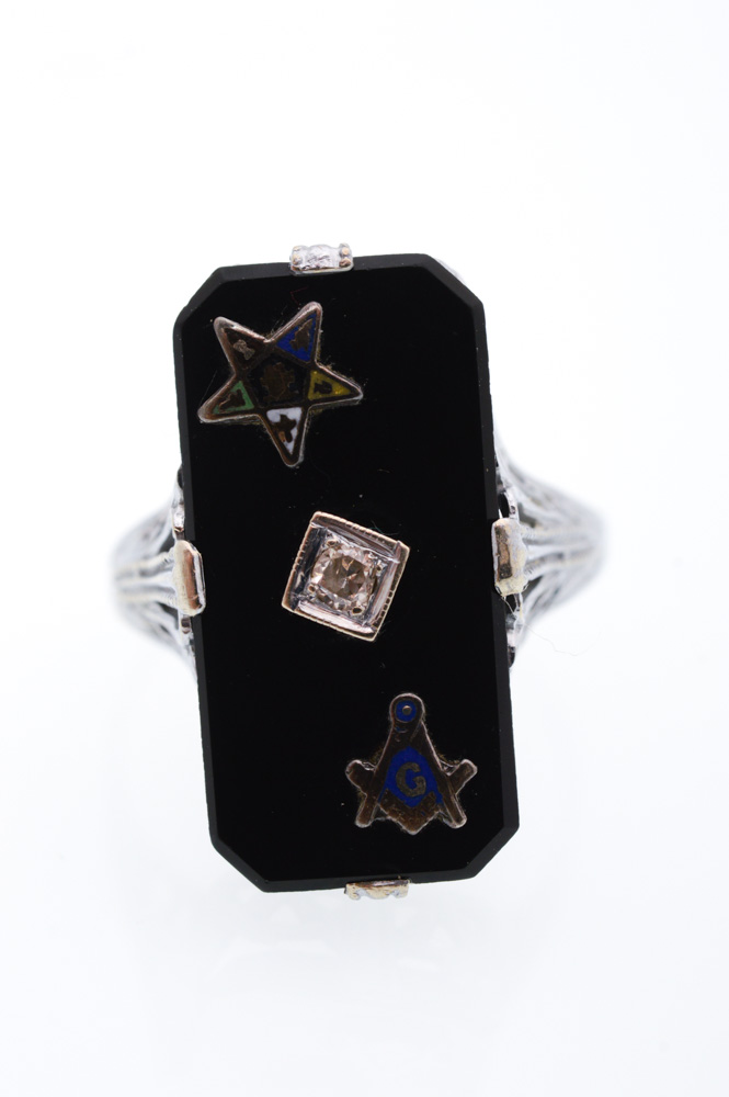 14K White Gold Onyx and Diamond Freemason Ring