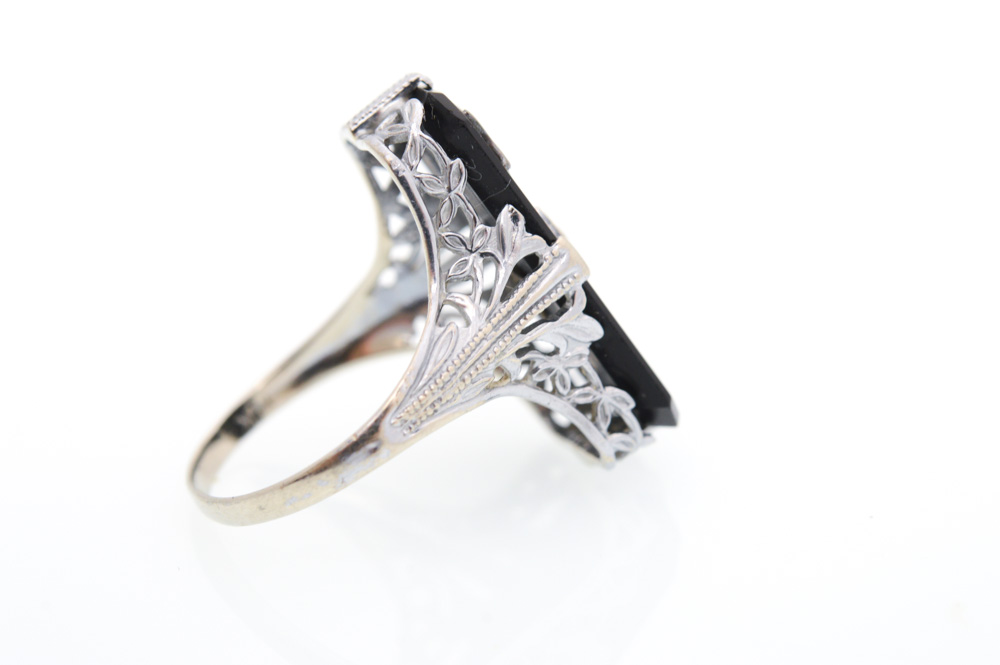 14K White Gold Onyx and Diamond Freemason Ring