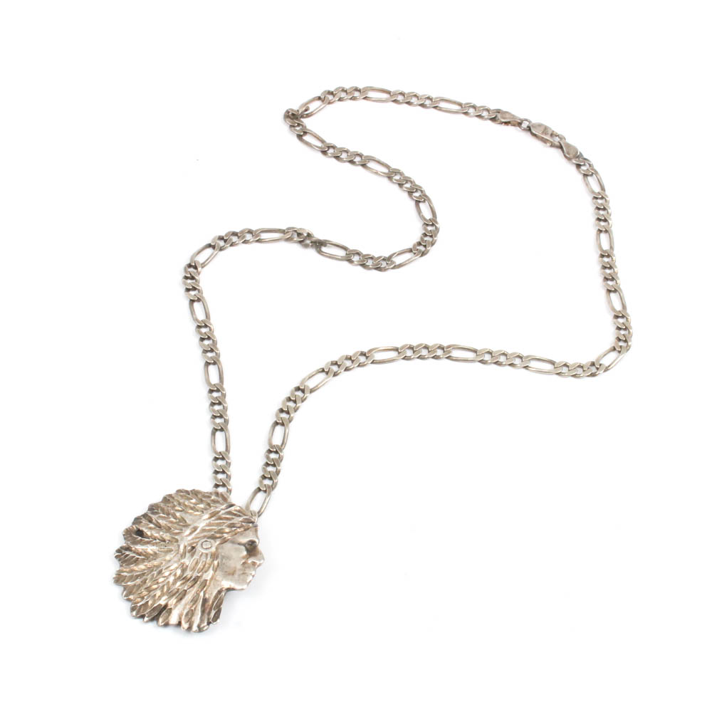 Sterling Silver Native American Bust Pendant Necklace
