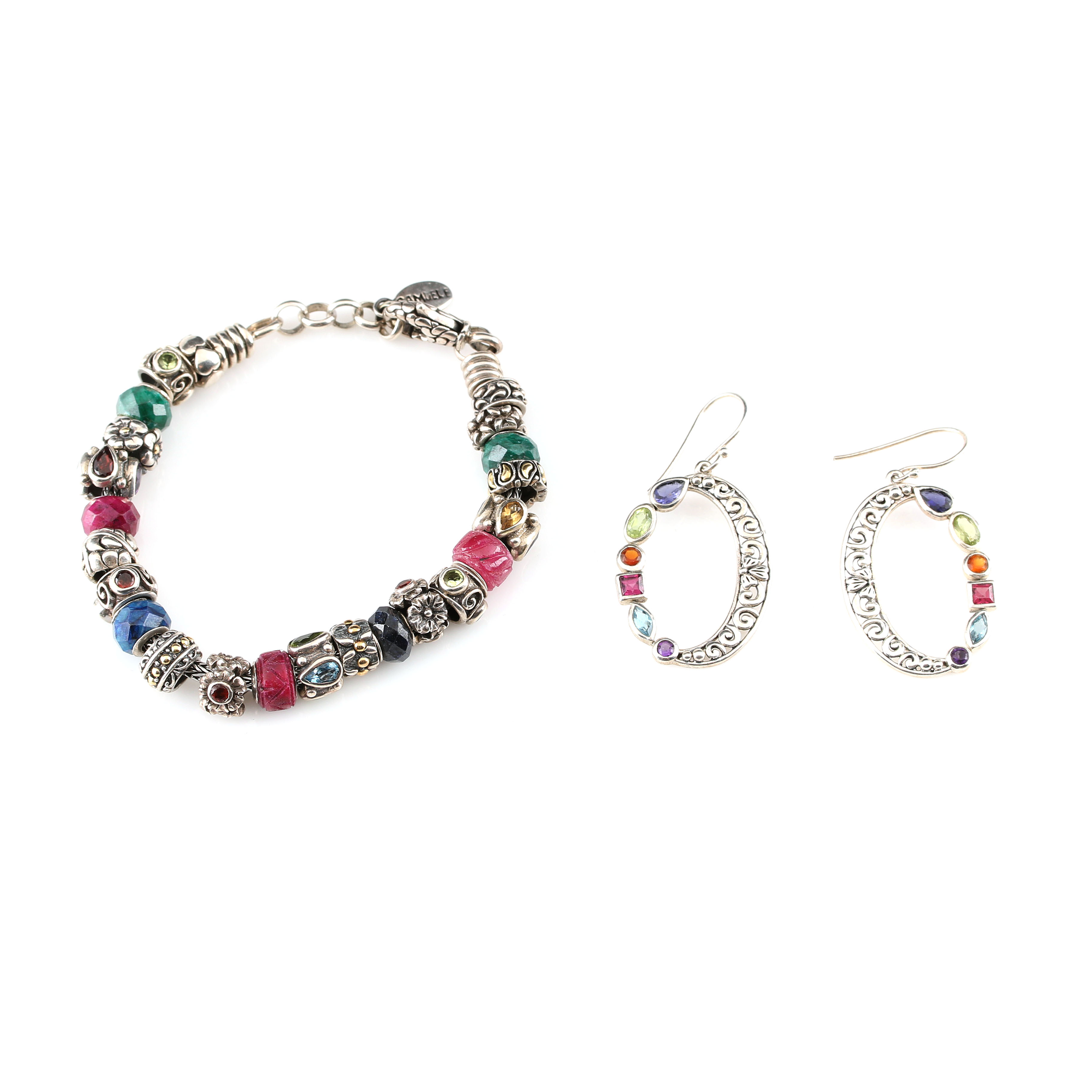 Sterling Silver and Gemstone Earrings and Bracelet Including Samuelle