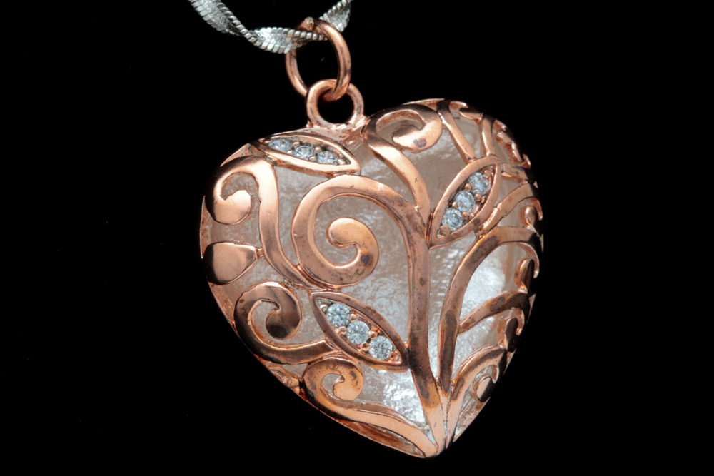 Rose Gold Wash on Sterling Silver and Cubic Zirconia Heart Pendant with Chain