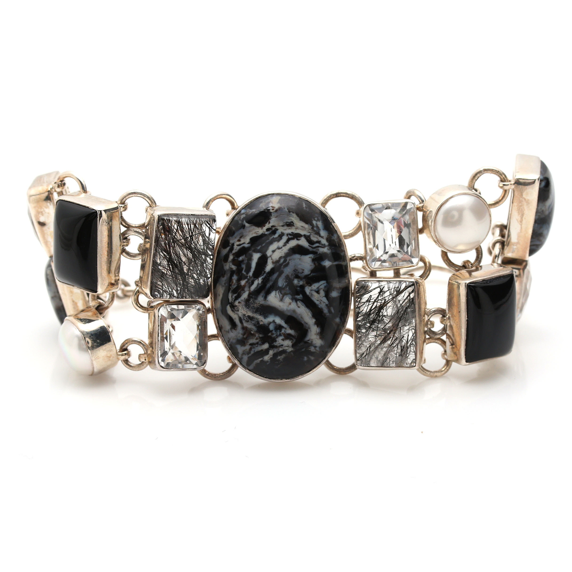 Sterling Silver Multi-Gemstone Bracelet Including Tourmilated Quartz and Onyx