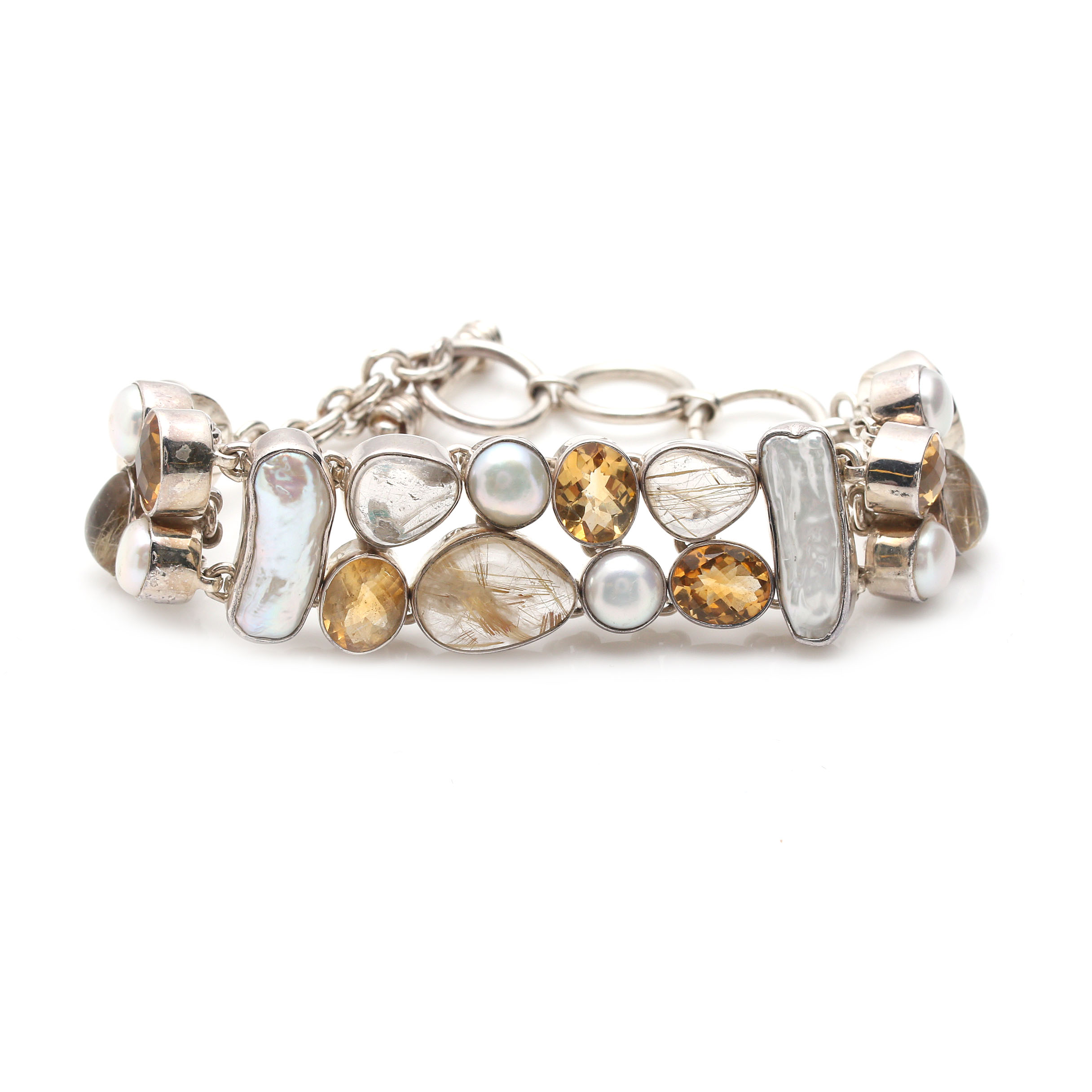 Sterling Silver Cultured Pearl, Citrine and Rutilated Quartz Bracelet