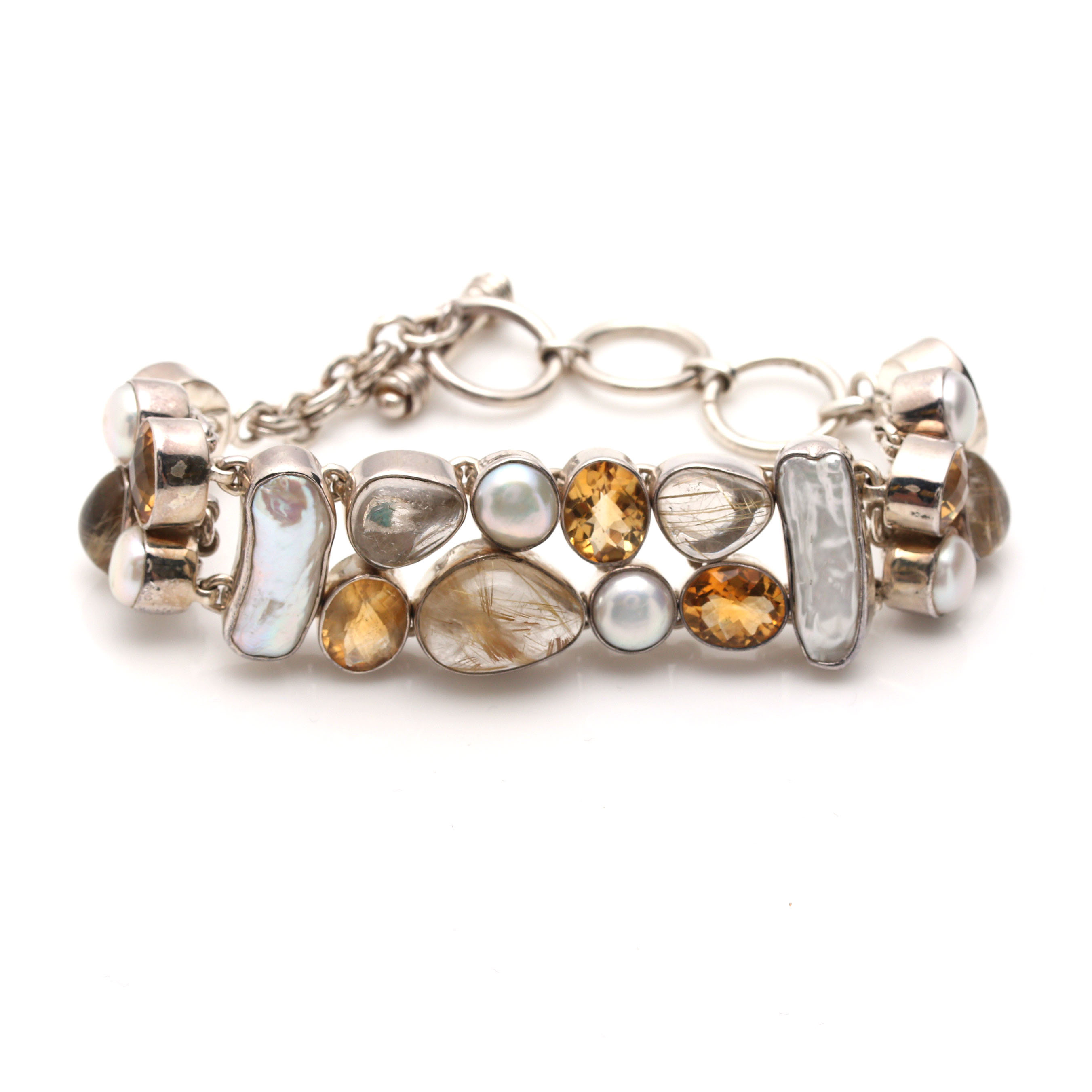 Sterling Silver Cultured Pearl, Citrine and Rutilated Quartz Bracelet