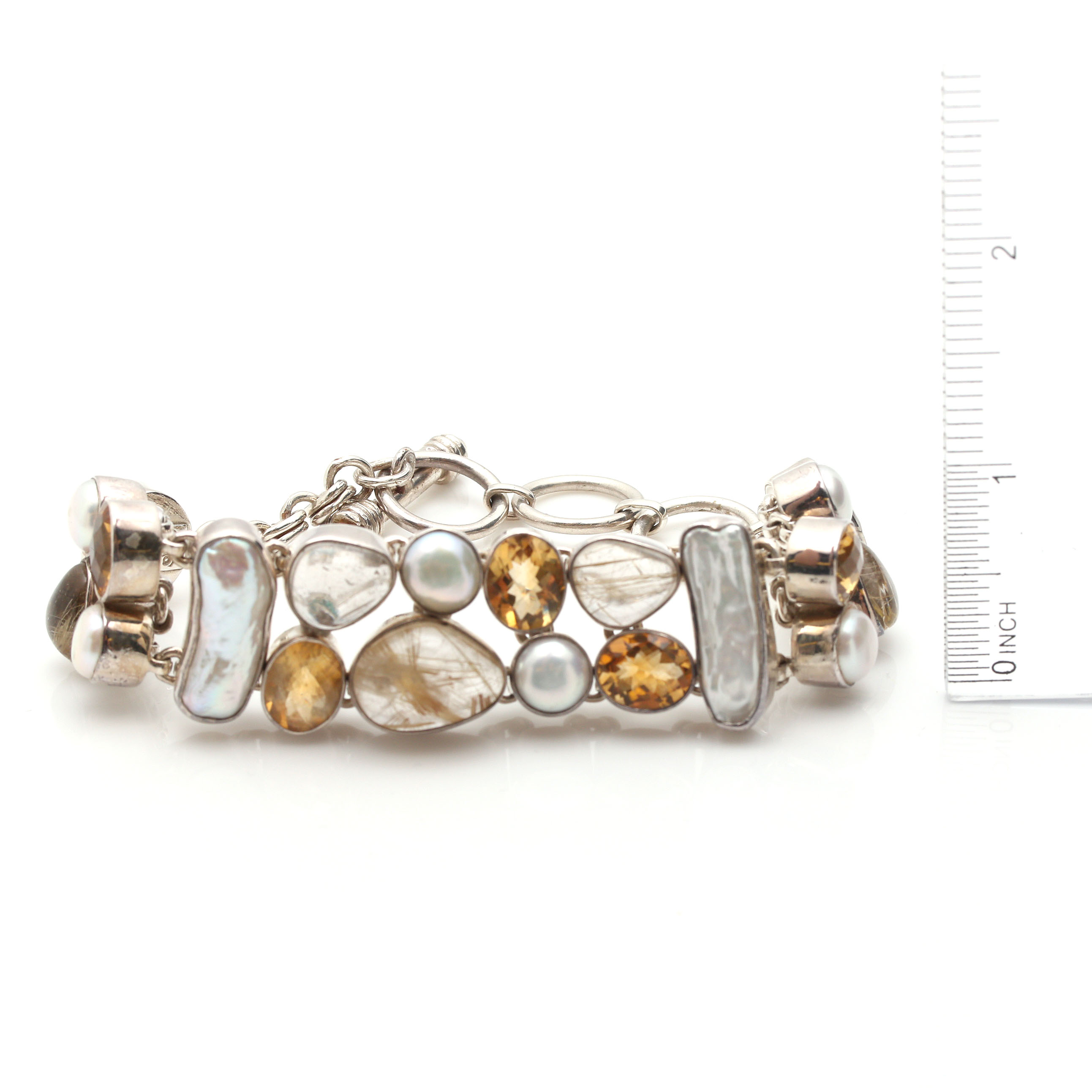 Sterling Silver Cultured Pearl, Citrine and Rutilated Quartz Bracelet