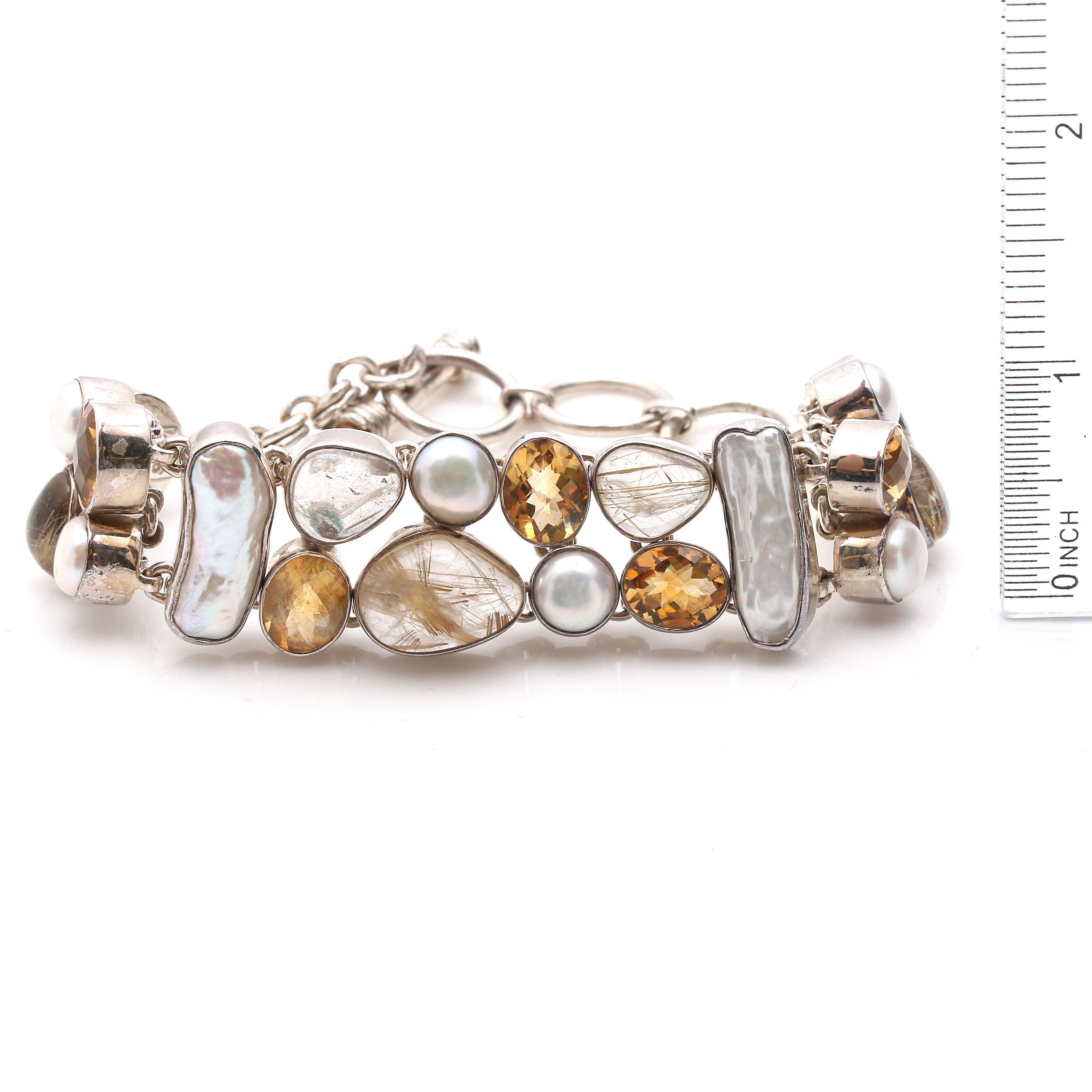 Sterling Silver Cultured Pearl, Citrine and Rutilated Quartz Bracelet