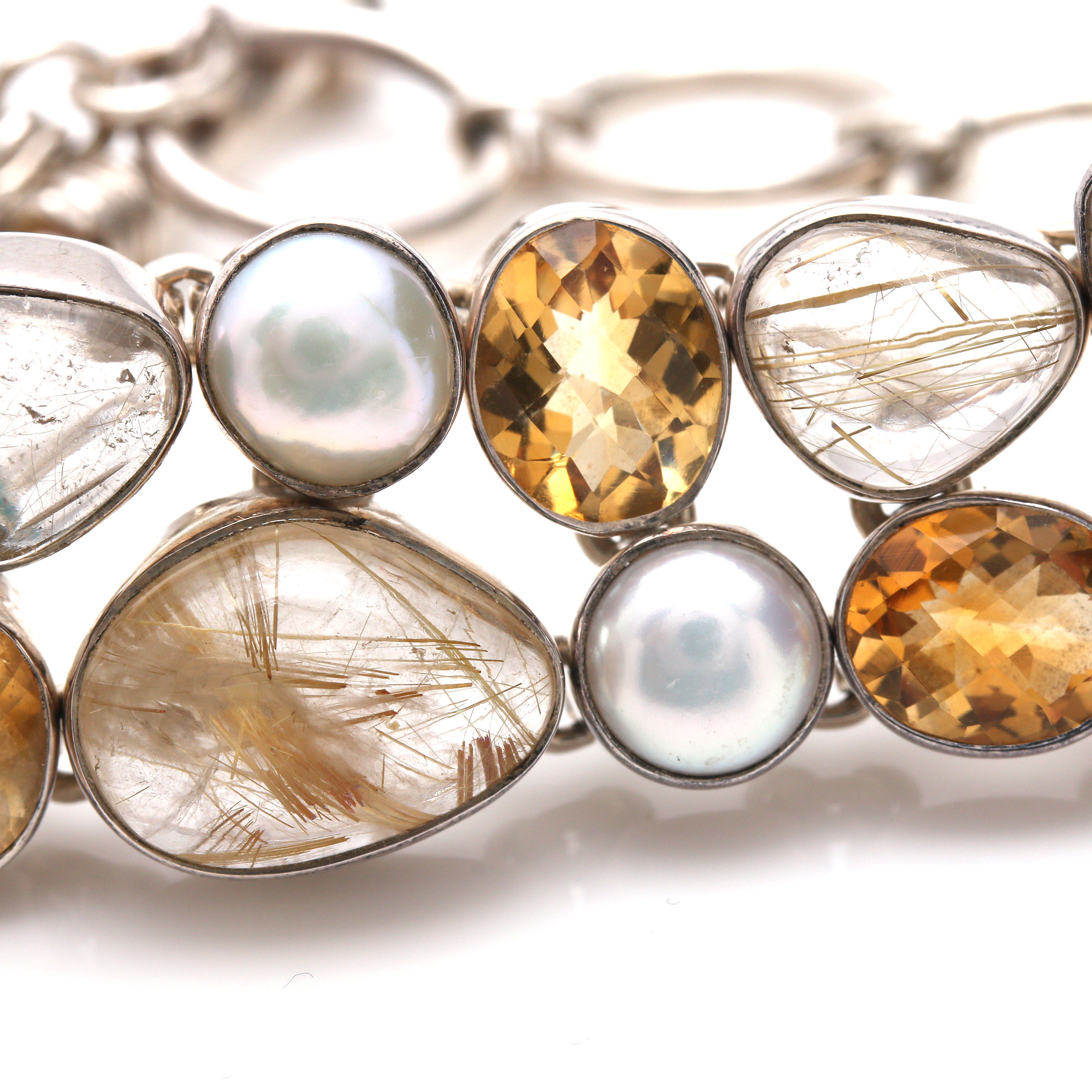Sterling Silver Cultured Pearl, Citrine and Rutilated Quartz Bracelet