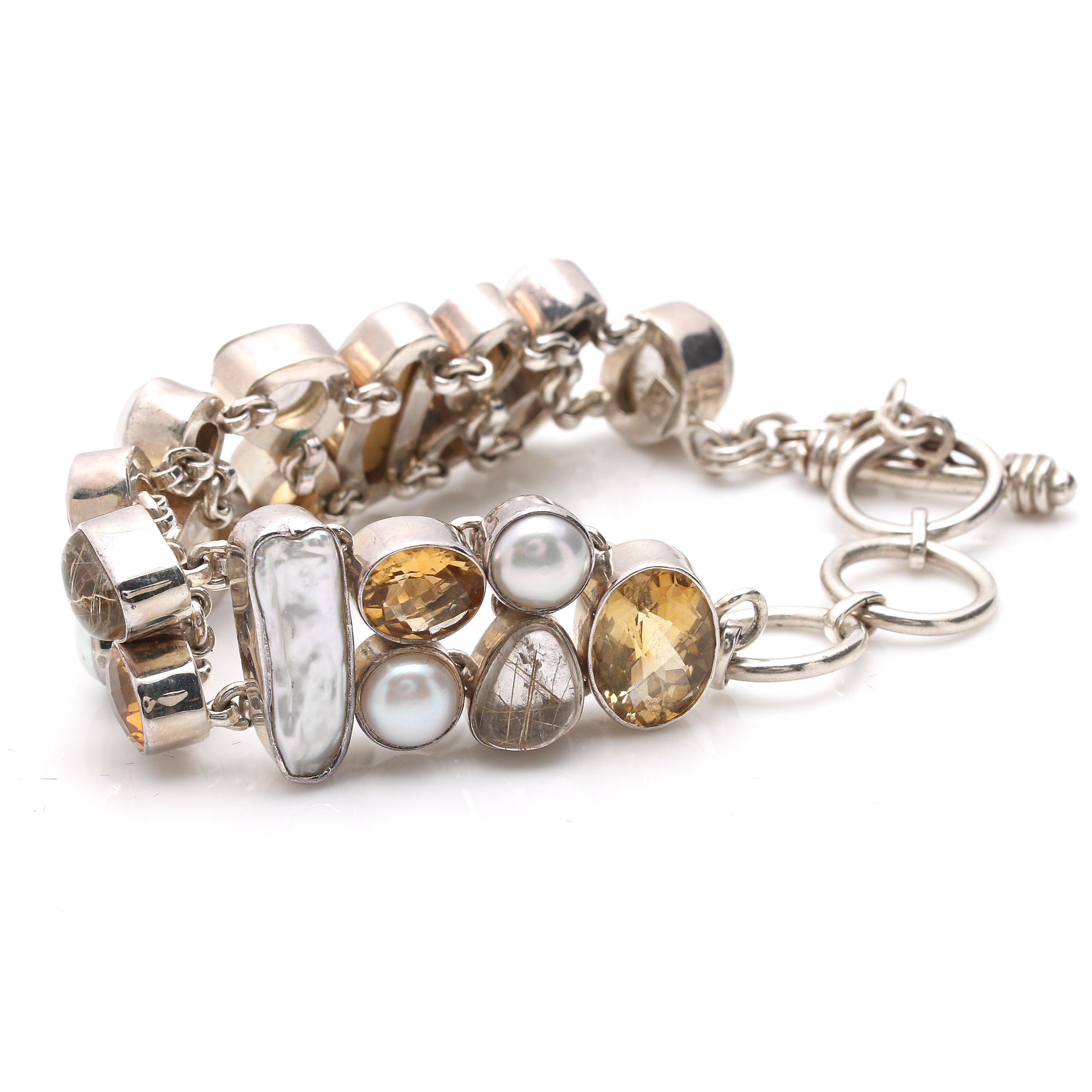 Sterling Silver Cultured Pearl, Citrine and Rutilated Quartz Bracelet