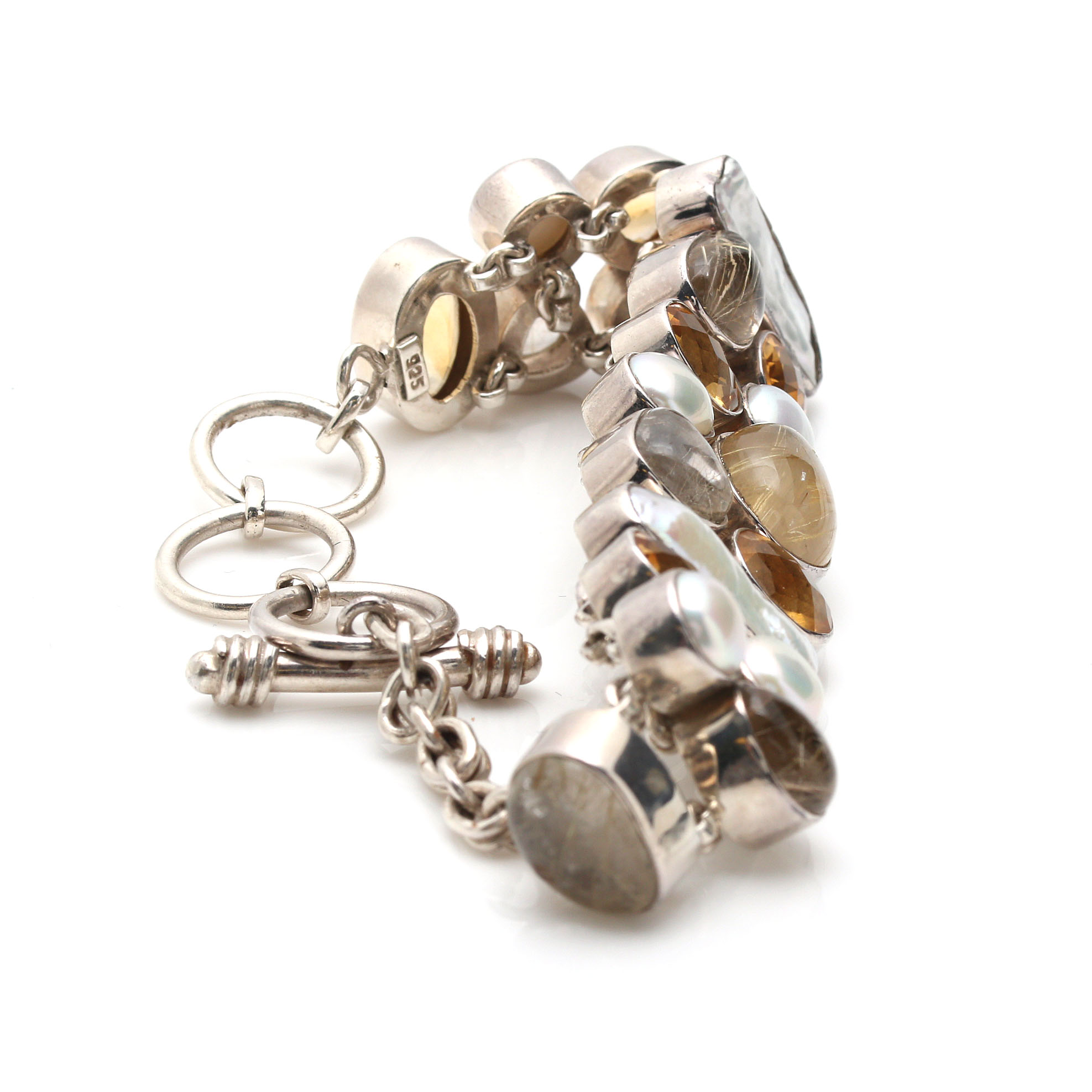 Sterling Silver Cultured Pearl, Citrine and Rutilated Quartz Bracelet