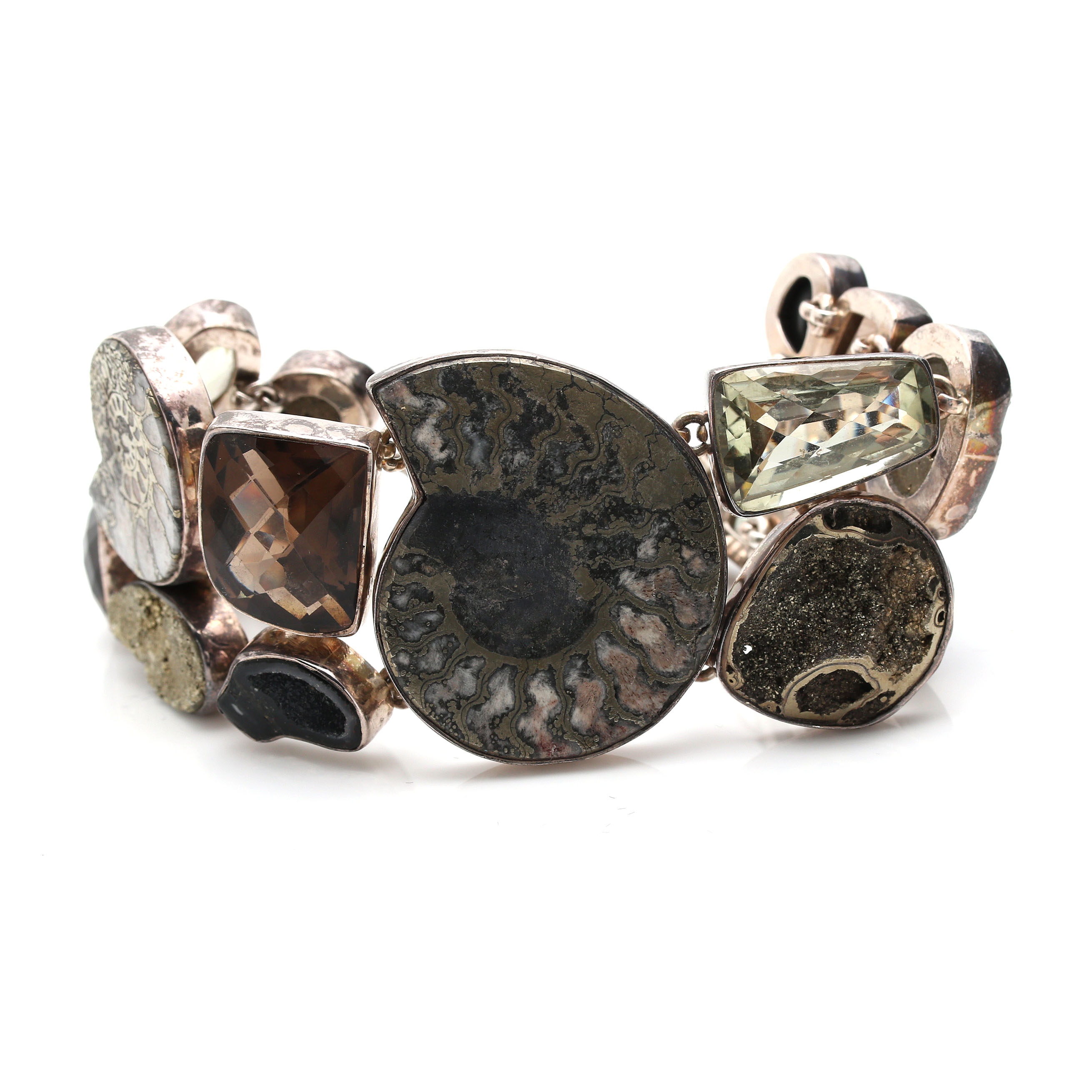Sterling Silver Multi-Gemstone Bracelet Including Ammonite and Praseolite