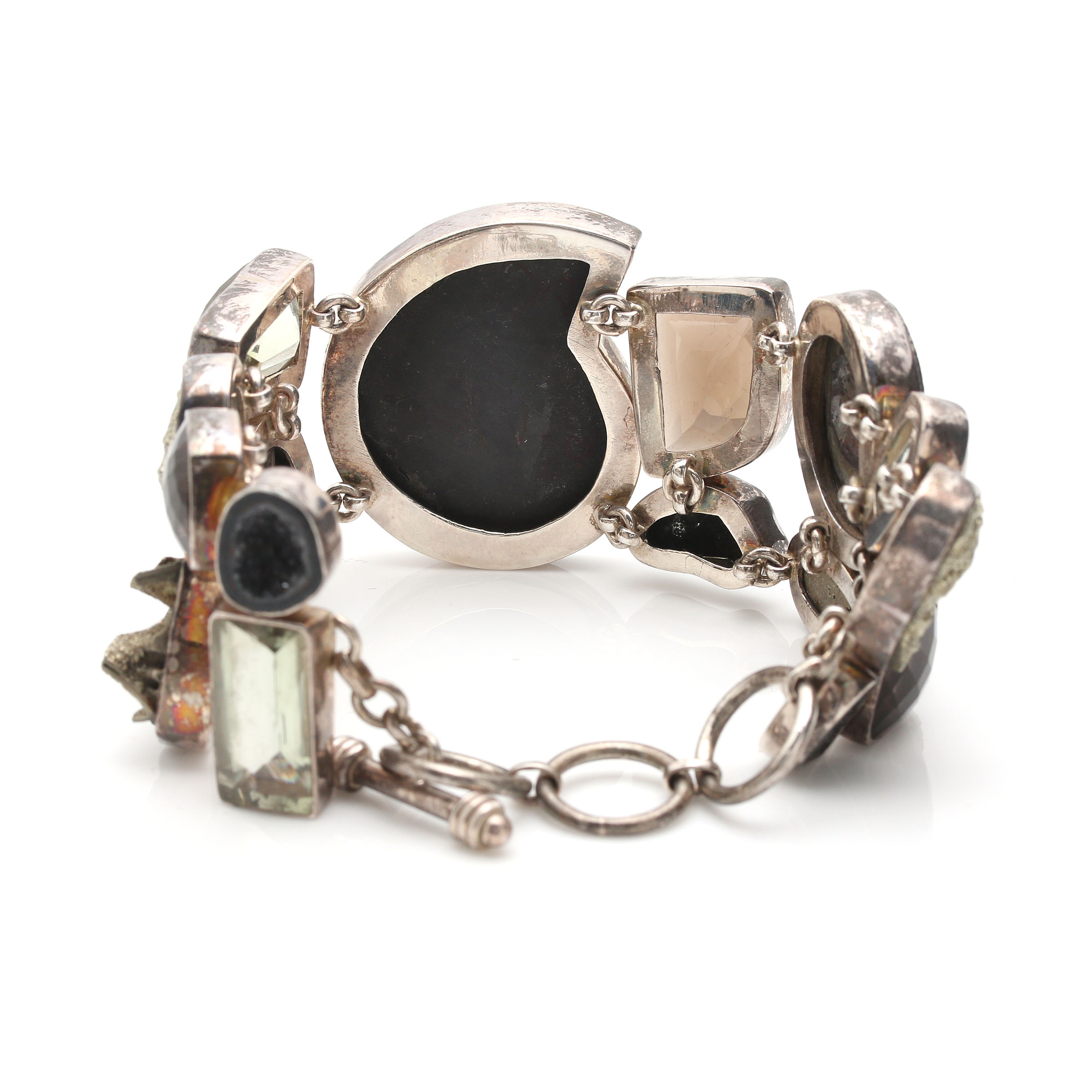 Sterling Silver Multi-Gemstone Bracelet Including Ammonite and Praseolite