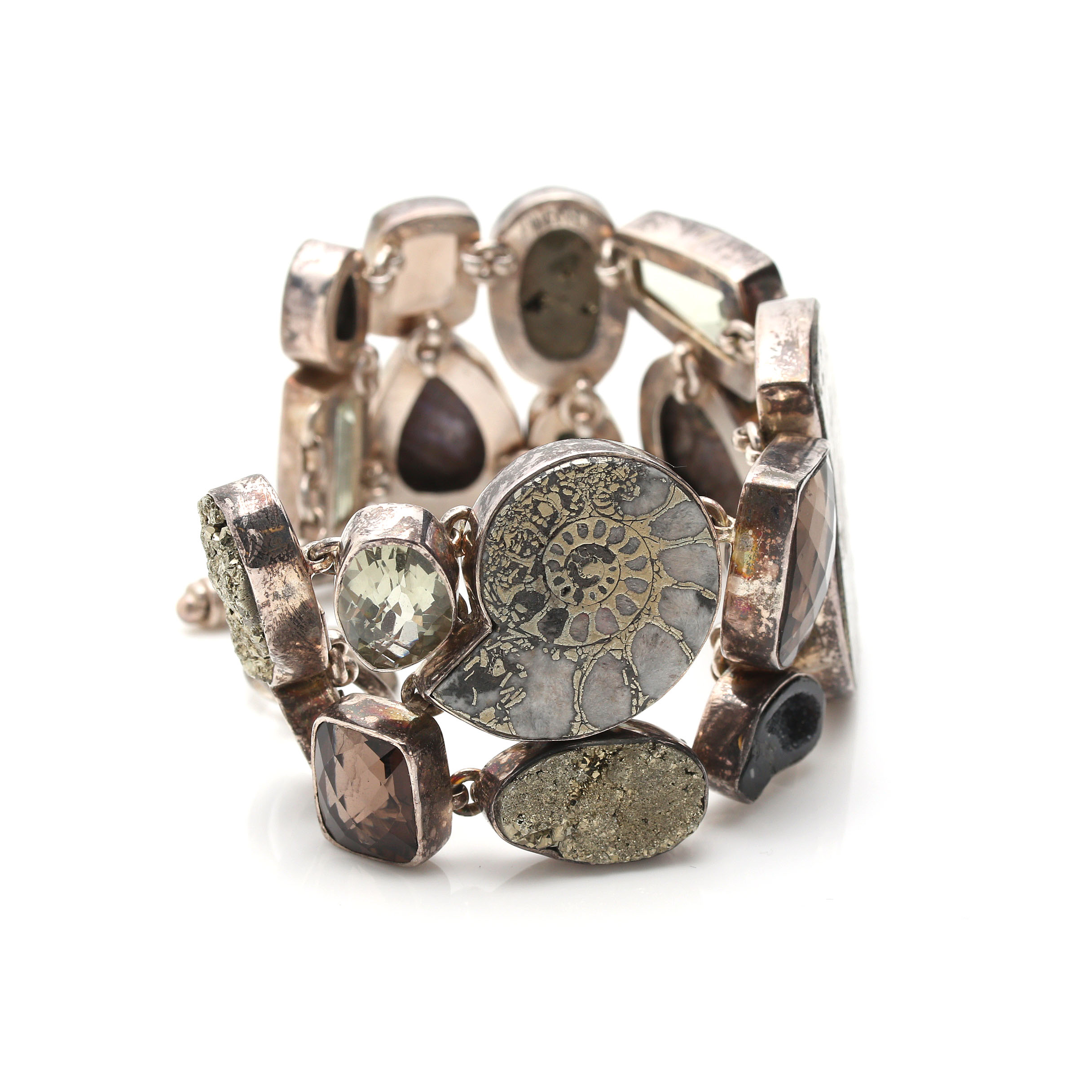 Sterling Silver Multi-Gemstone Bracelet Including Ammonite and Praseolite