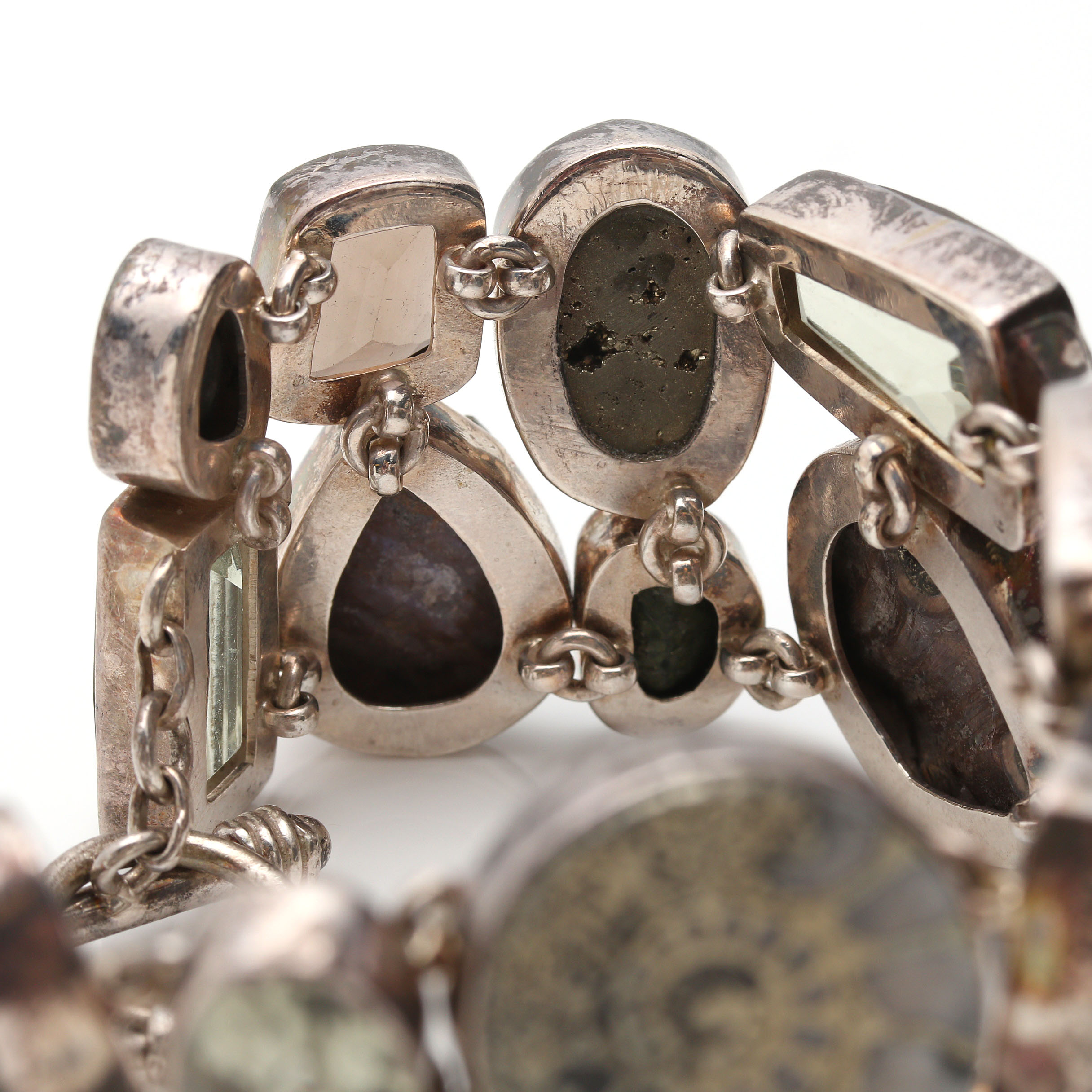 Sterling Silver Multi-Gemstone Bracelet Including Ammonite and Praseolite