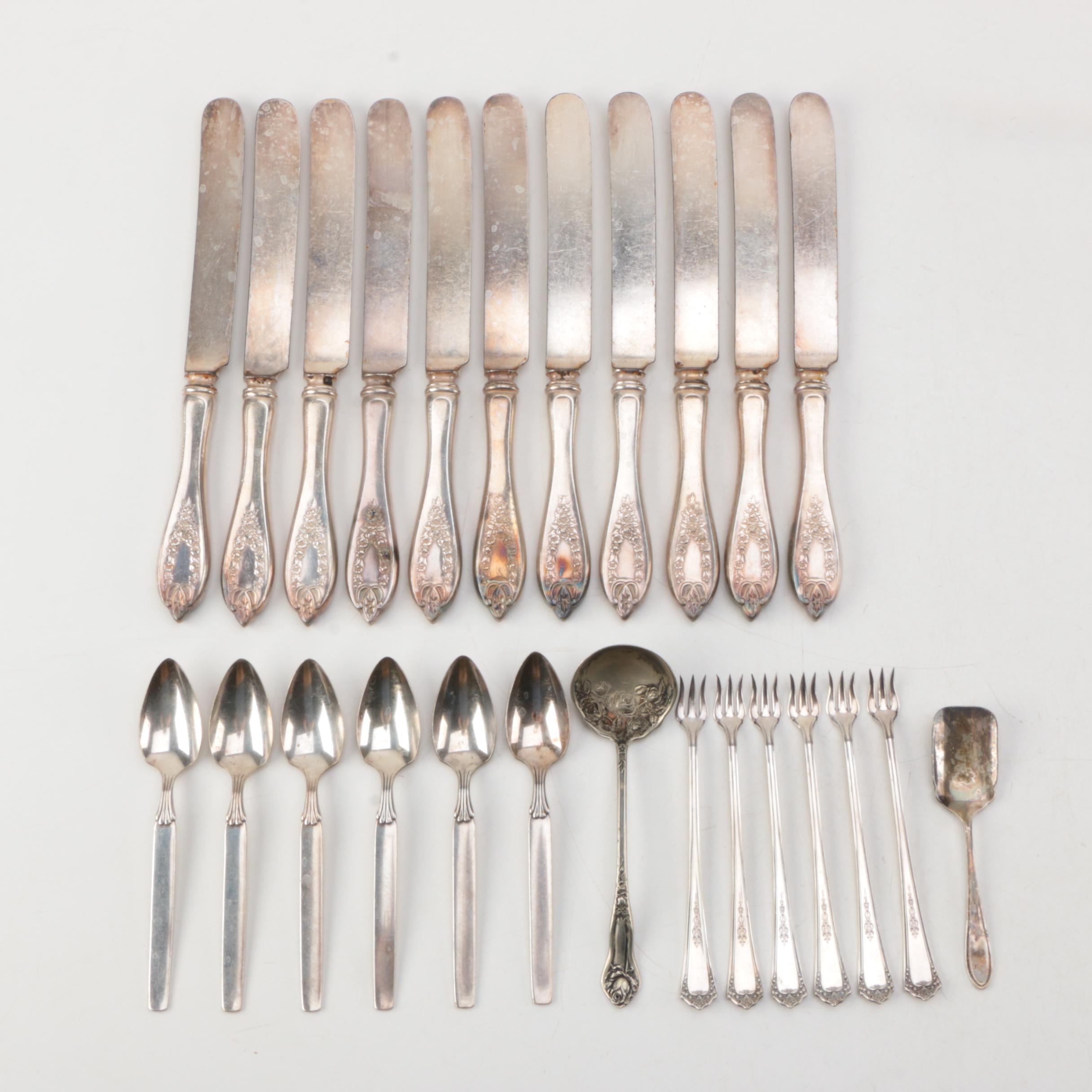 1847 Rogers "Old Colony" Silver Plate Knives with Other Silver Plate Flatware