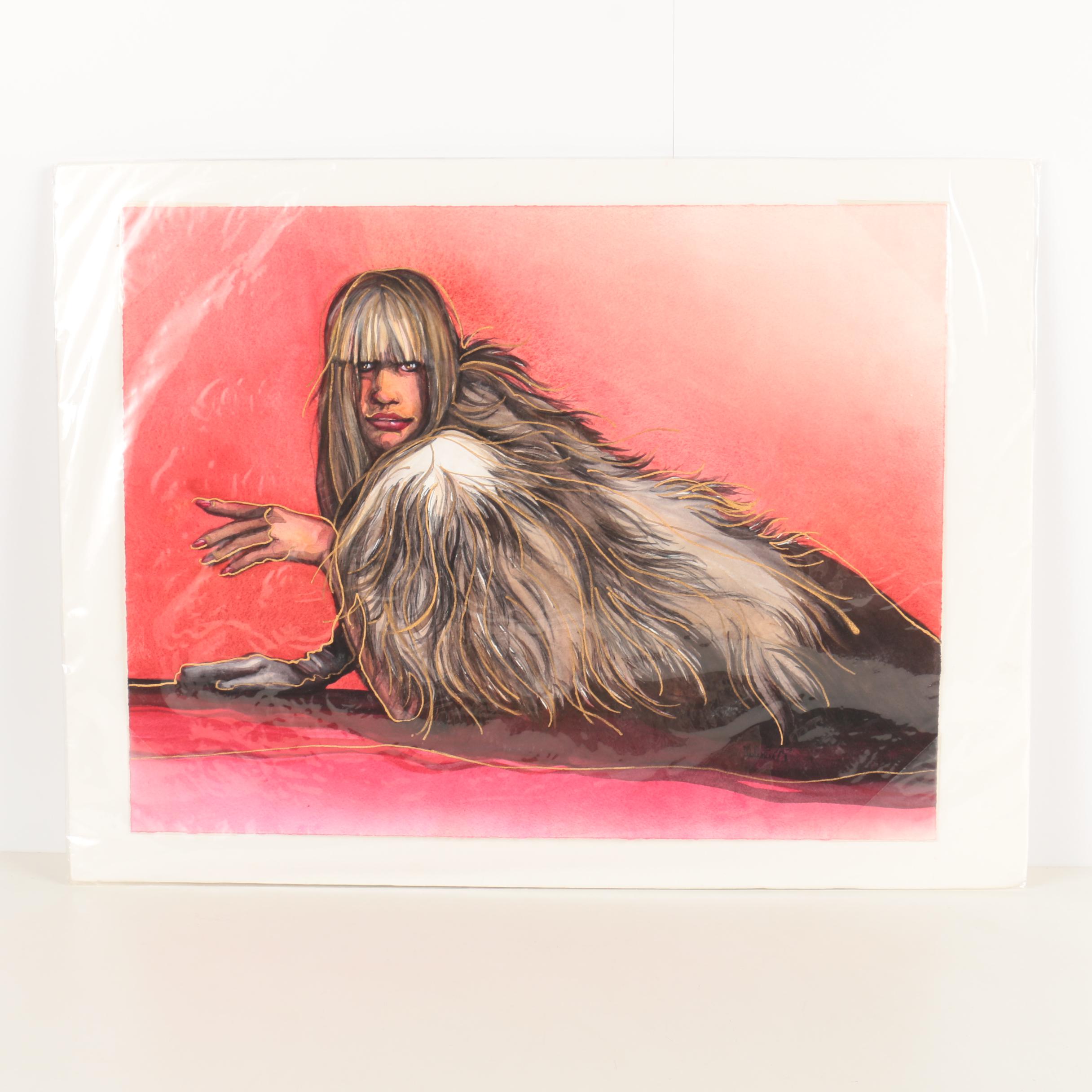 Mixed Media Painting on Paper of Woman in a Fur Coat