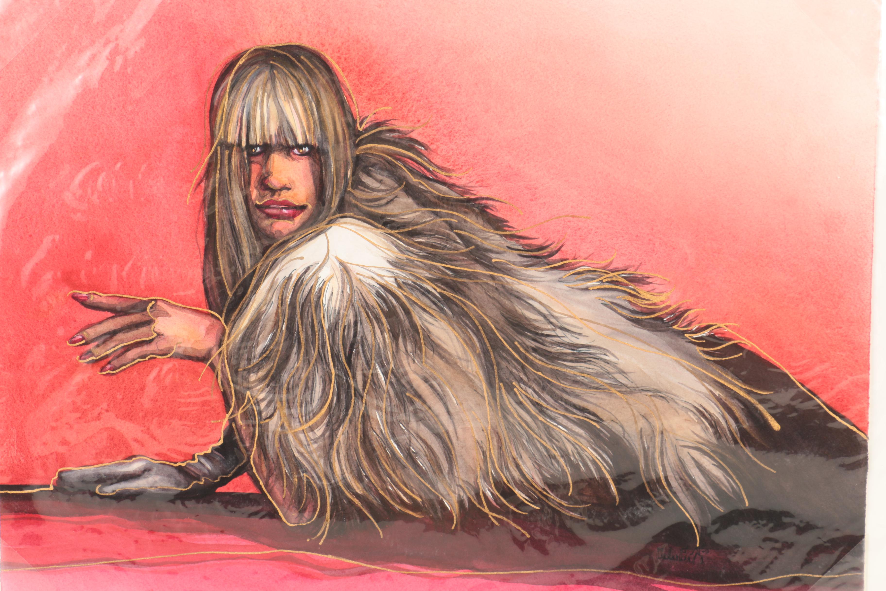 Mixed Media Painting on Paper of Woman in a Fur Coat