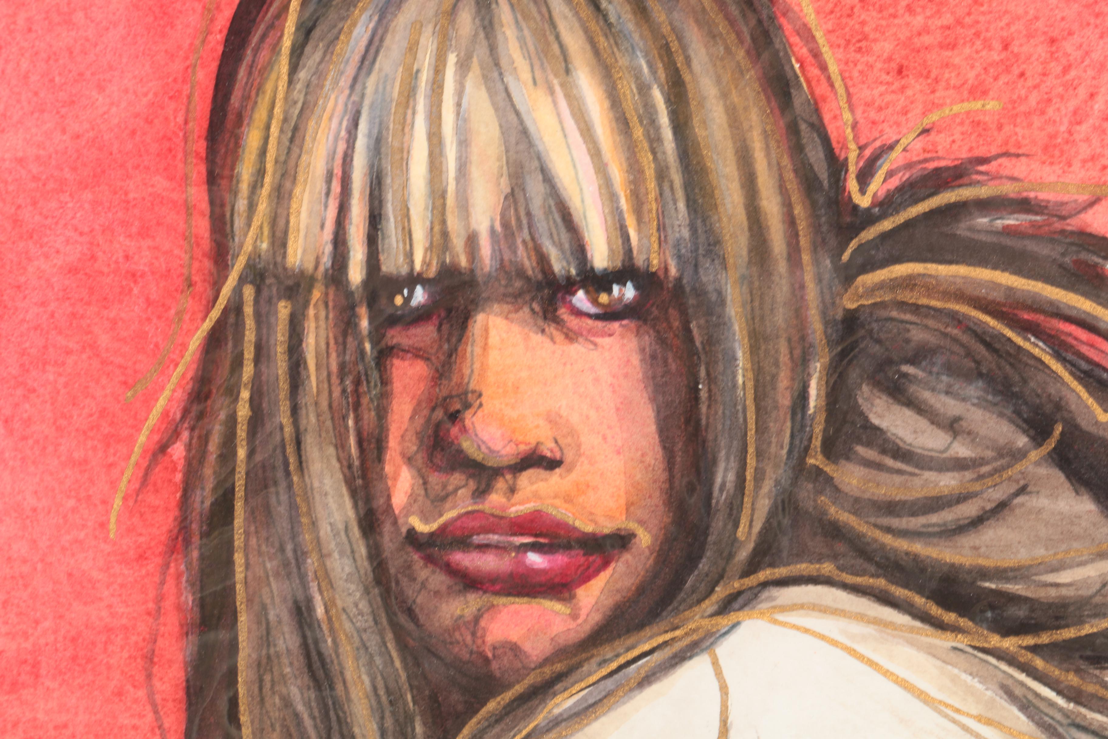 Mixed Media Painting on Paper of Woman in a Fur Coat