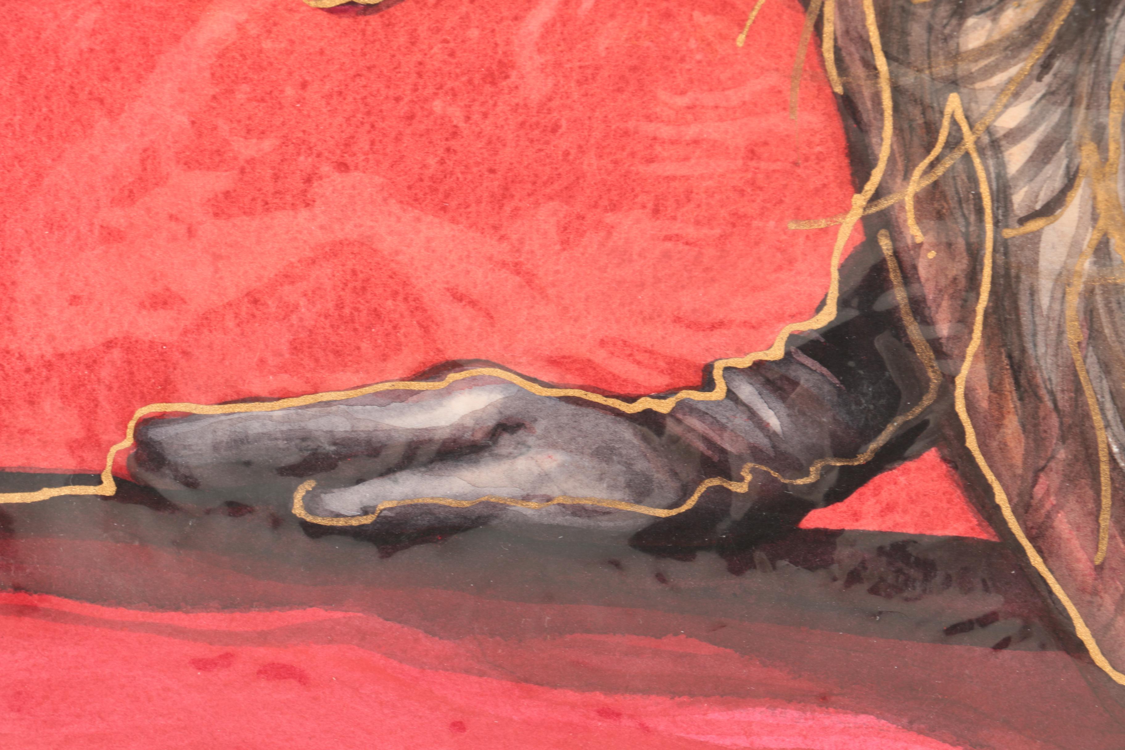 Mixed Media Painting on Paper of Woman in a Fur Coat