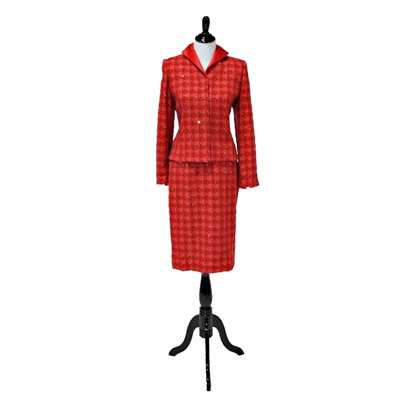 Women's Doncaster Red Tweed Suit with Gold Sequins and Satin Lining