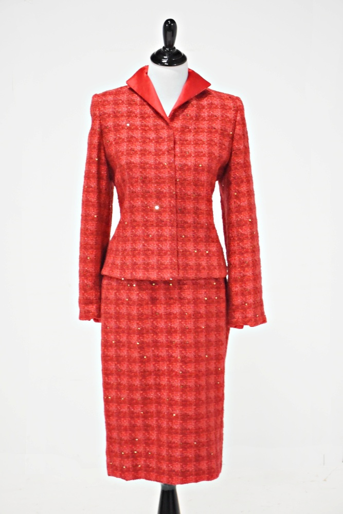 Women's Doncaster Red Tweed Suit with Gold Sequins and Satin Lining