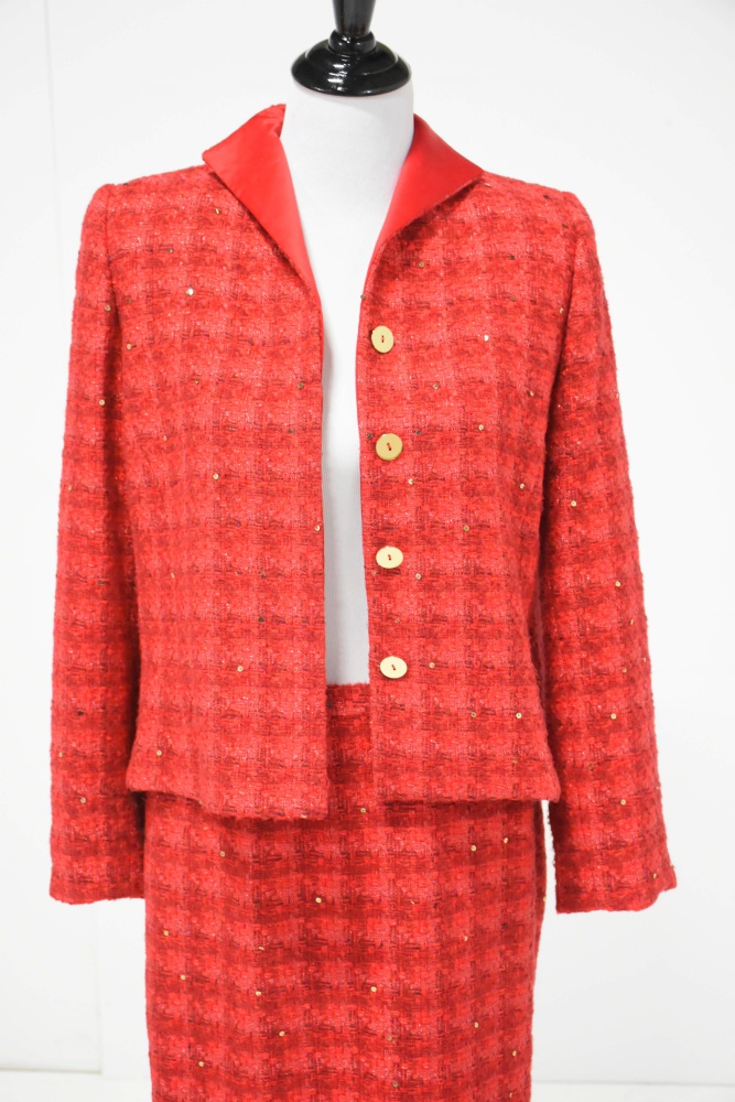 Women's Doncaster Red Tweed Suit with Gold Sequins and Satin Lining