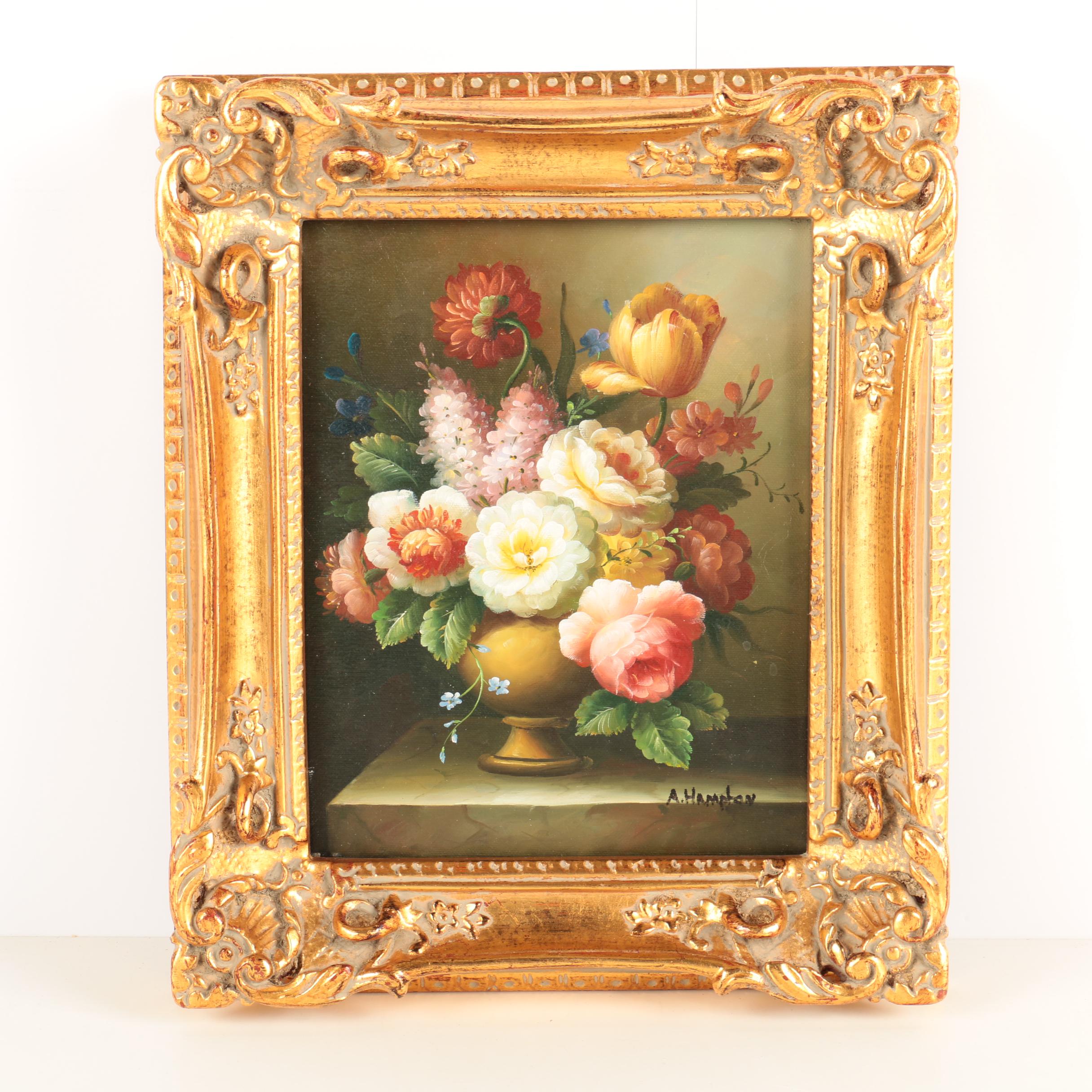 A. Hampton Oil Painting on Canvas of a Floral Still Life