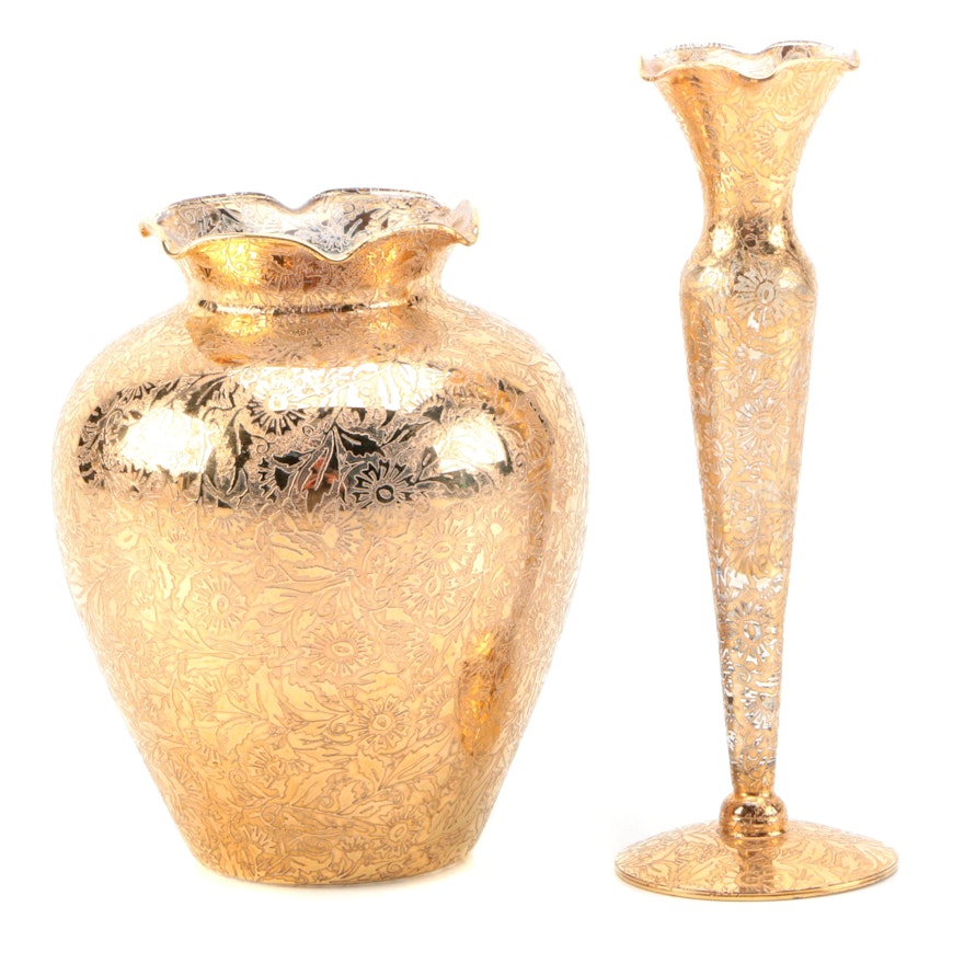 Lotus Glass Vases with Gilt Overlay in "Daisy Fields" Motif