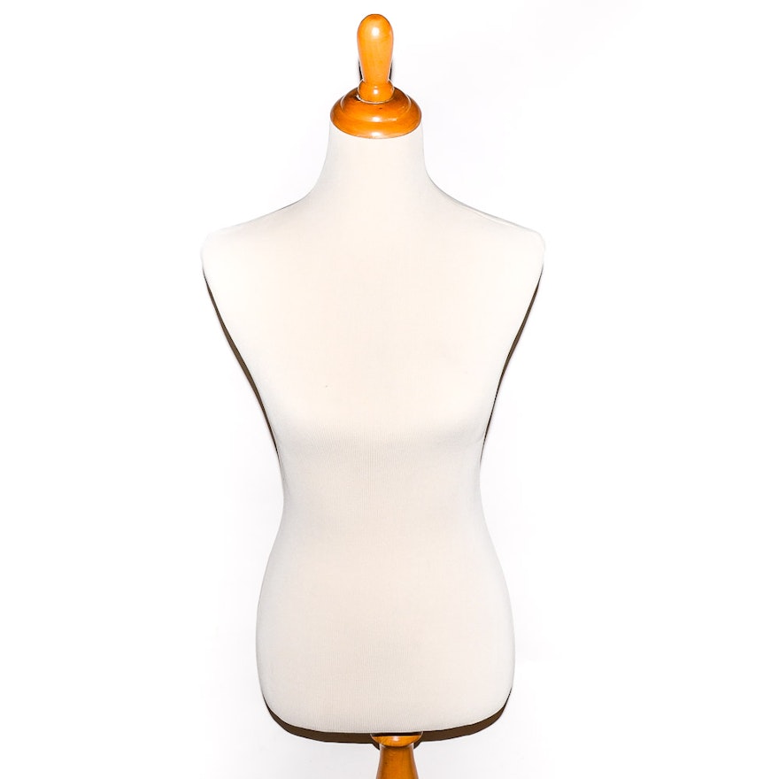 White Fabric Mannequin Torso Form with Wooden Base