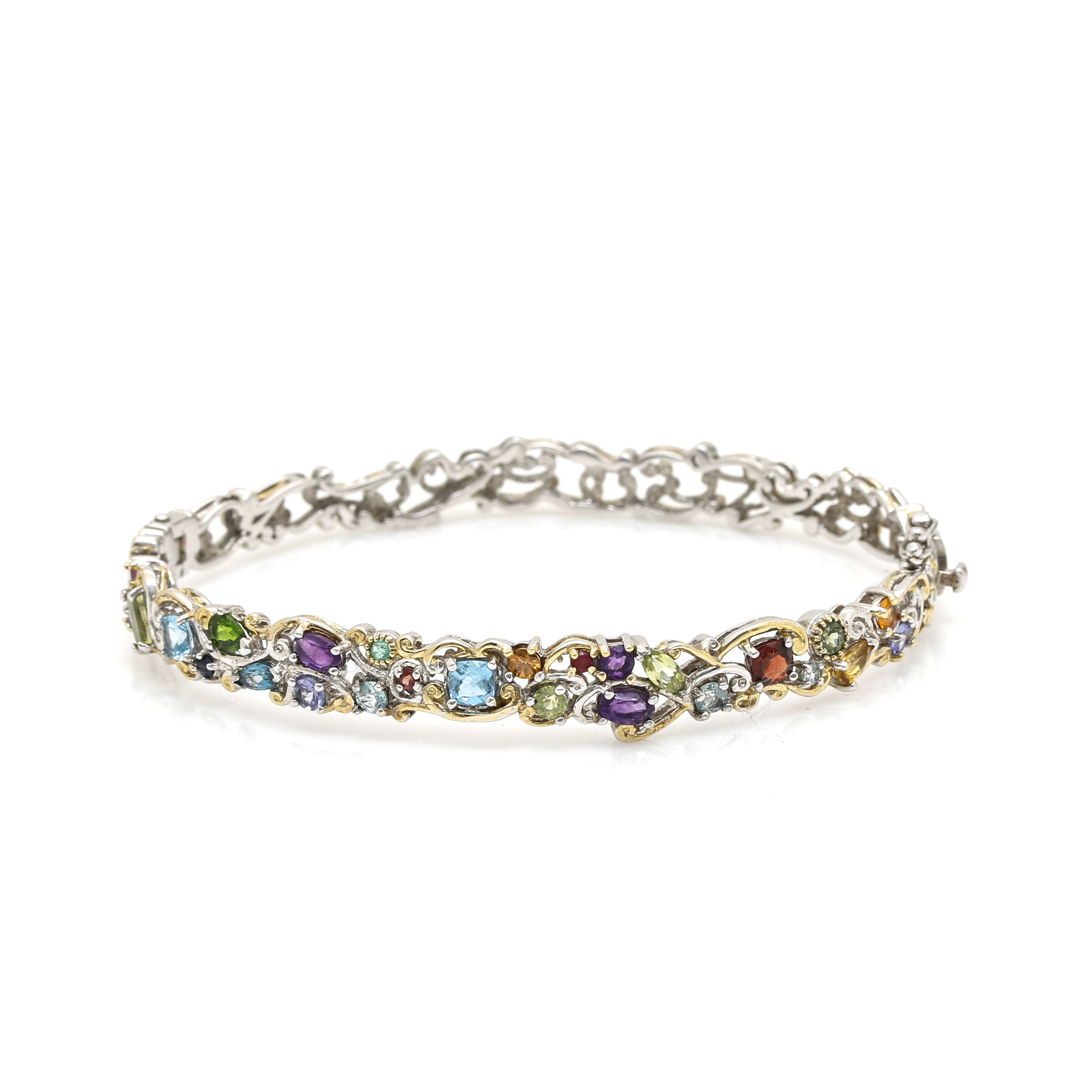 Sterling Silver and Gold Wash Gemstone Hinged Bangle