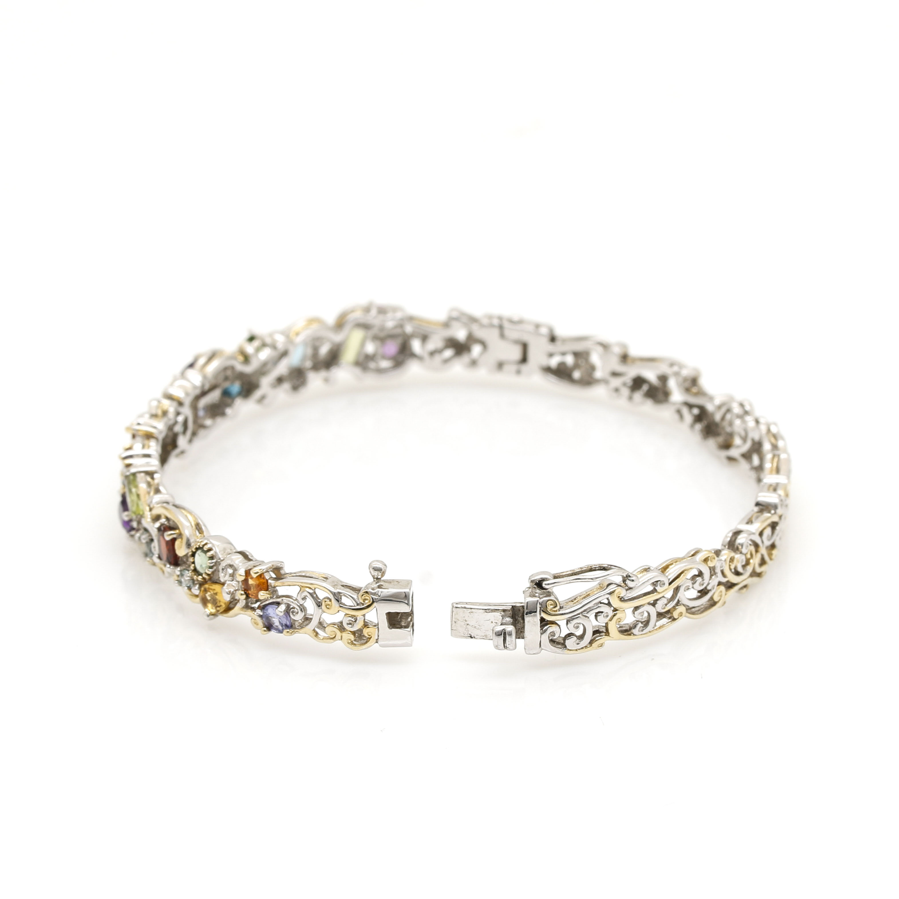 Sterling Silver and Gold Wash Gemstone Hinged Bangle