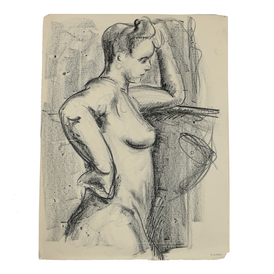 W. Glen Davis Charcoal Drawing on Paper Female Nude Study