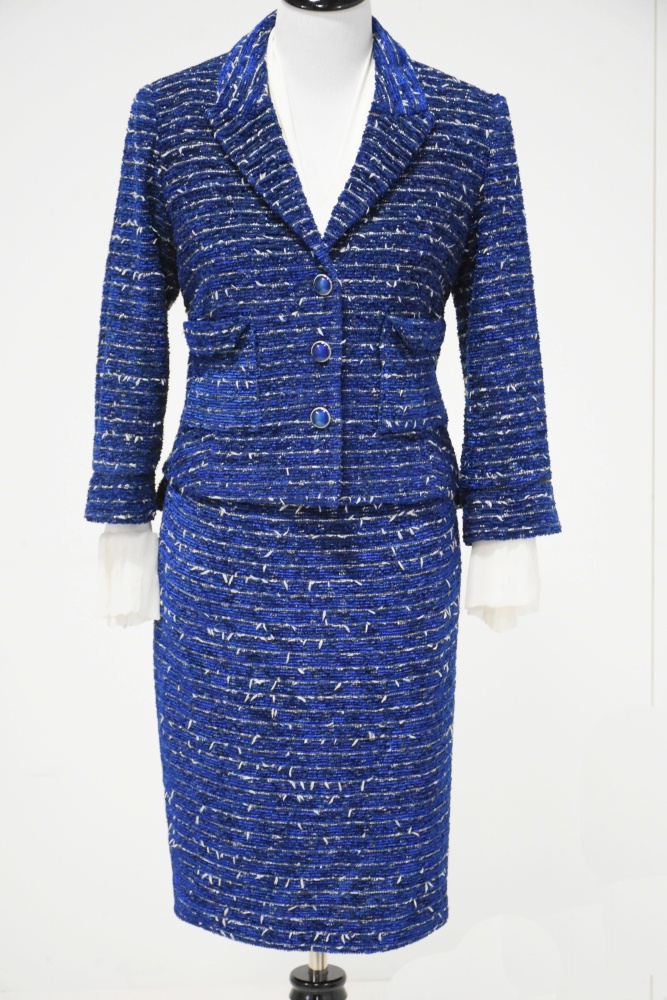 Women's Indigo Blue Ribbed Chenille Suit and Silk Blouse Ensemble by "Zenobia"
