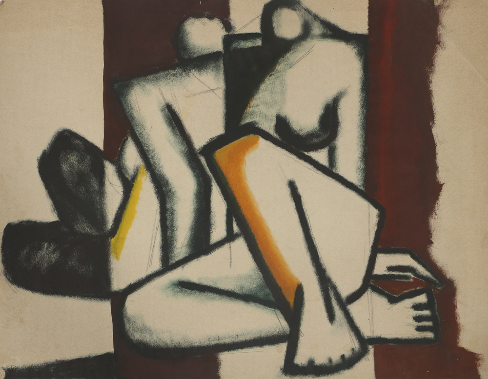 W. Glen Davis Gouache Painting on Paper Cubist Figure