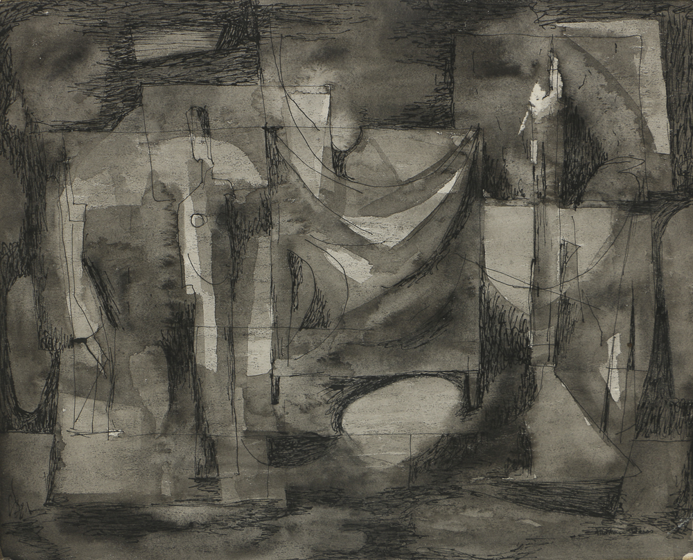 Milton Weiss Watercolor and Ink on Paper Abstract Composition