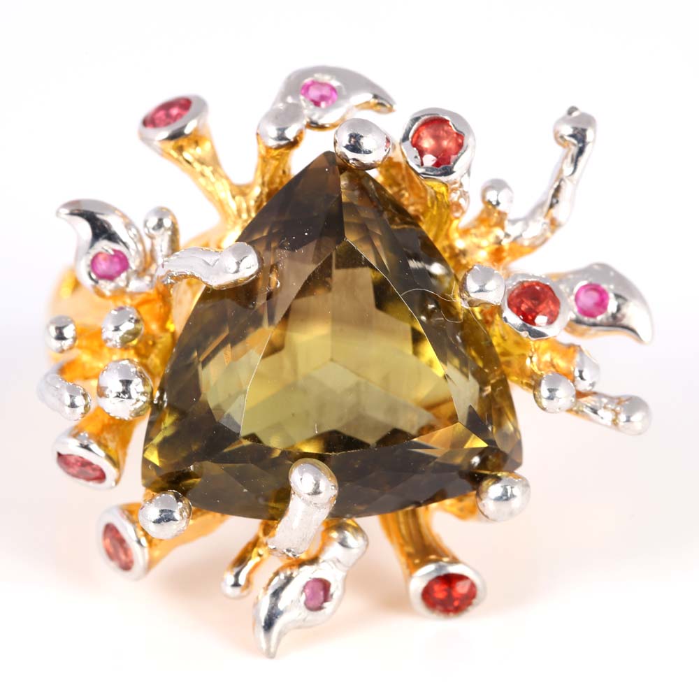 Gold over Sterling Silver Citrine, Ruby, and Orange Sapphire Ring