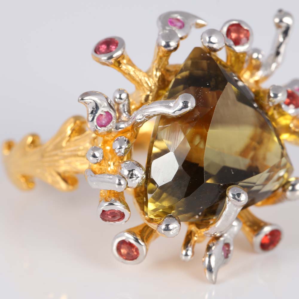 Gold over Sterling Silver Citrine, Ruby, and Orange Sapphire Ring