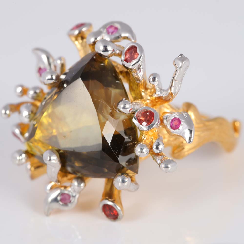 Gold over Sterling Silver Citrine, Ruby, and Orange Sapphire Ring