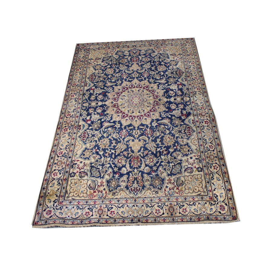 Vintage Hand-Knotted Persian Wool Nain Area Rug with Silk Accents