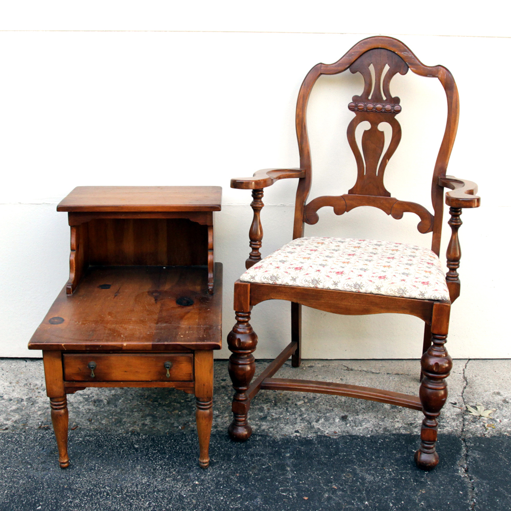 Vintage Two Tier End Table by Pine-Tique and Armchair