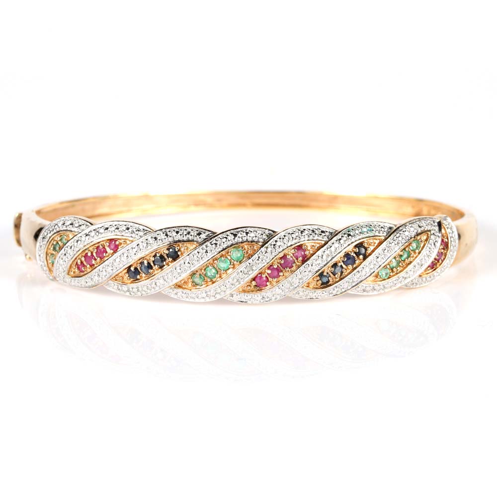Gold Over Sterling Silver Emerald, Ruby, Sapphire and Diamond Bangle
