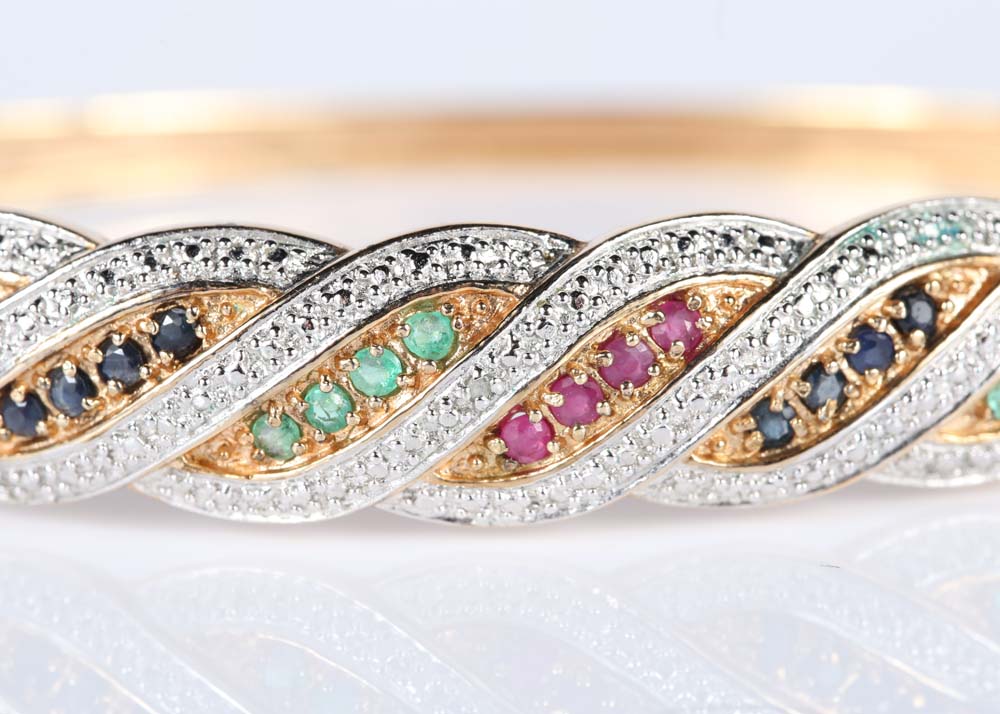 Gold Over Sterling Silver Emerald, Ruby, Sapphire and Diamond Bangle